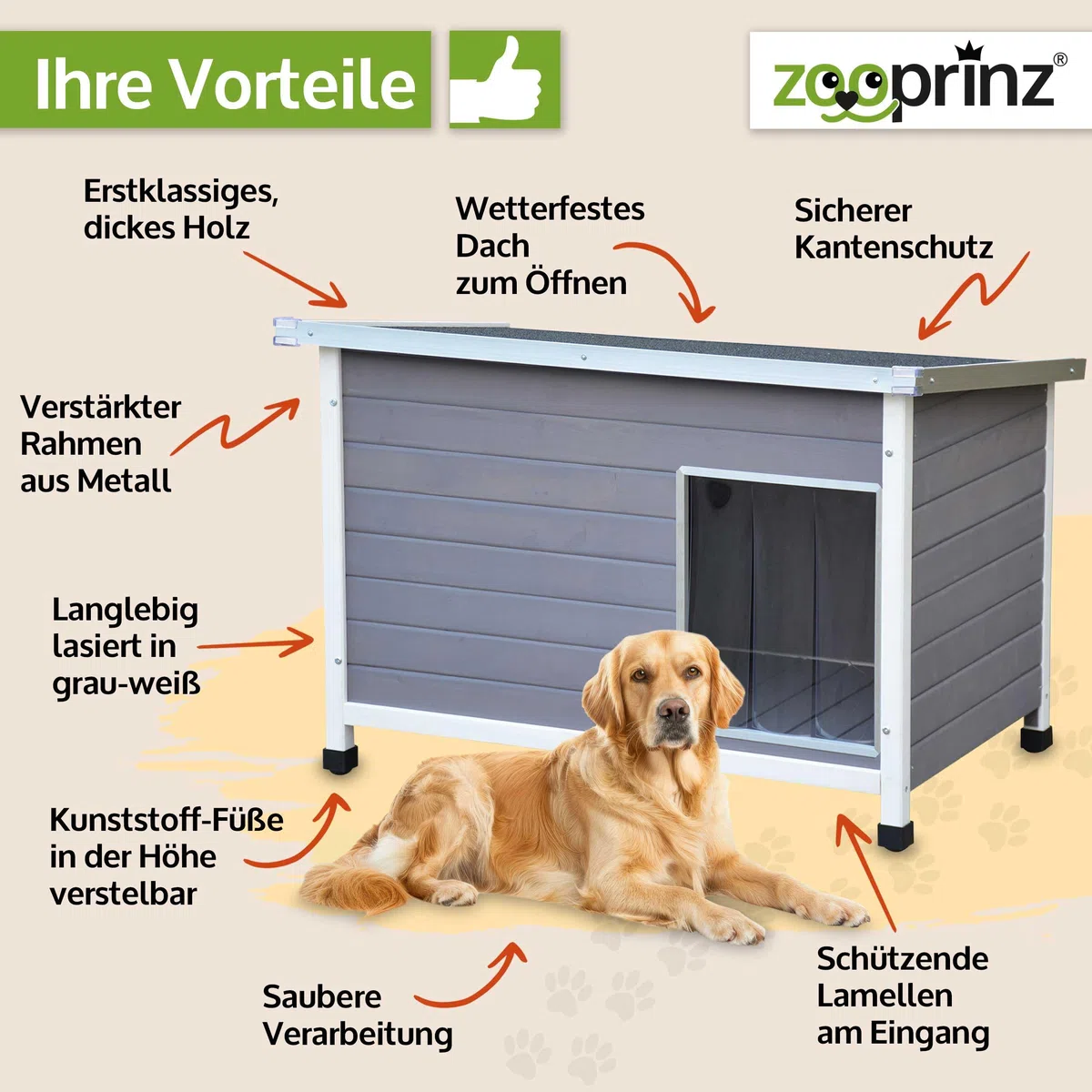 zooprinz Exklusive Hundehütte Jacky – aus wetterfestem & massivem Holz mit Metallrahmen, Dach zum Öffnen, Lamellentür & Kunststofffüßen – Hundehütte für Indoor und Outdoor (Hellgrau, XL)