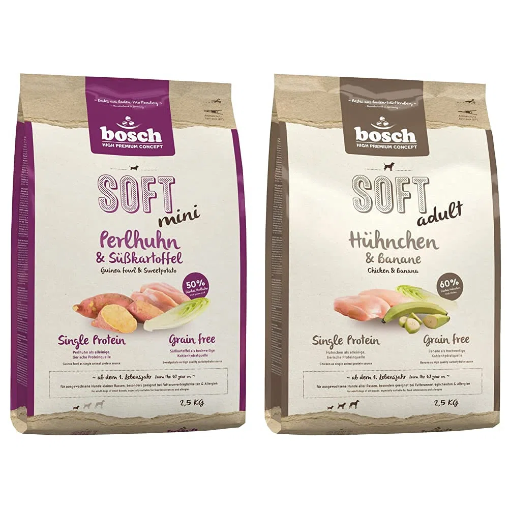 bosch HPC SOFT Mini Perlhuhn & Süßkartoffel | halbfeuchtes Hundefutter für ausgewachsene Hunde kleiner Rassen | 1 x 2.5 kg & HPC SOFT Hühnchen & Banane | 1 x 2.5 kg