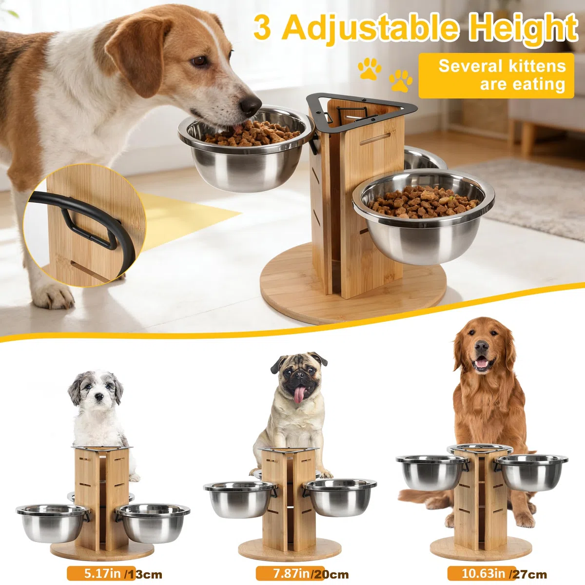 Hundenapf Erhöht für Hunde, 3 Höhenverstellbar Hundenäpfe mit 3X1400ml Edelstahlnäpfen und Holz Dreiseitige Erhöhte Hundenapfständer Futternapf Futterstation Hunde Fressnapf