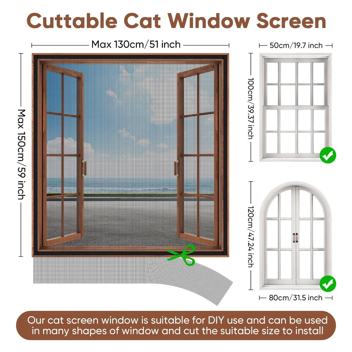 MYPIN Einstellbare Katzenschutz Fenster Netz Mit Selbstklebeband, DIY Größe, Katzennetz Balkon Fenster Transparent Netzgitter, Fliegengitter, Max. 130x150 cm, mit Lineal/Messer/Hefter (Schwarz)