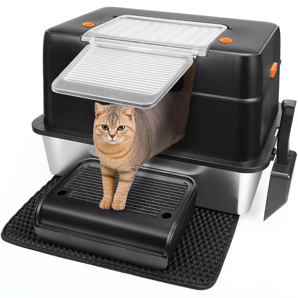 Vivifying Katzenklo Edelstahl mit Deckel, XL Leicht zu Reinigen und Geruchsresistent Katzentoilette Edelstahl, Rostfreier Stahl Katzenklo mit Pedals, Schaufel und Matte (Schwarz)