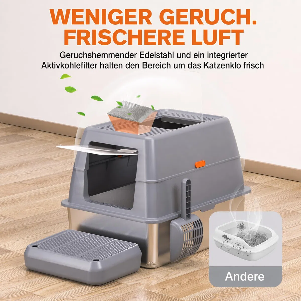 XXXL Katzenklo Edelstahl mit Deckel 70x50x45 cm 90 L extra groß Katzentoilette Edelstahl für große Katzen & Mehrkatzenhaushalte, geschlossenes/Offen, leicht zu reinigen, Anti-Leck, mit Pedal
