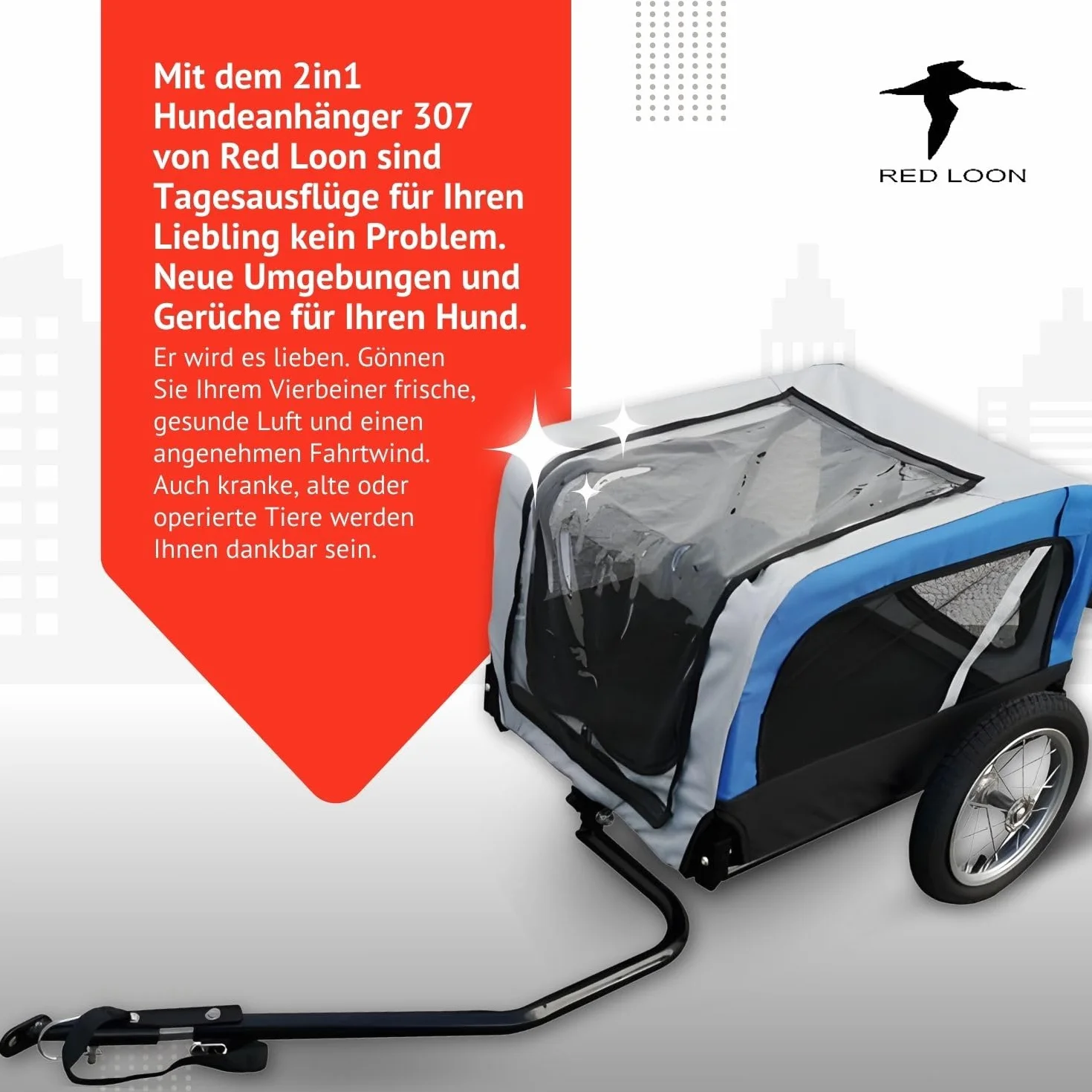 Hundeanhänger 2in1 Fahrradanhänger Hundetransporter - Red Loon Mini Anhänger & Jogger/Buggy blau - Radanhänger Fahrrad Transporter Hundebuggy - inkl. Fahne