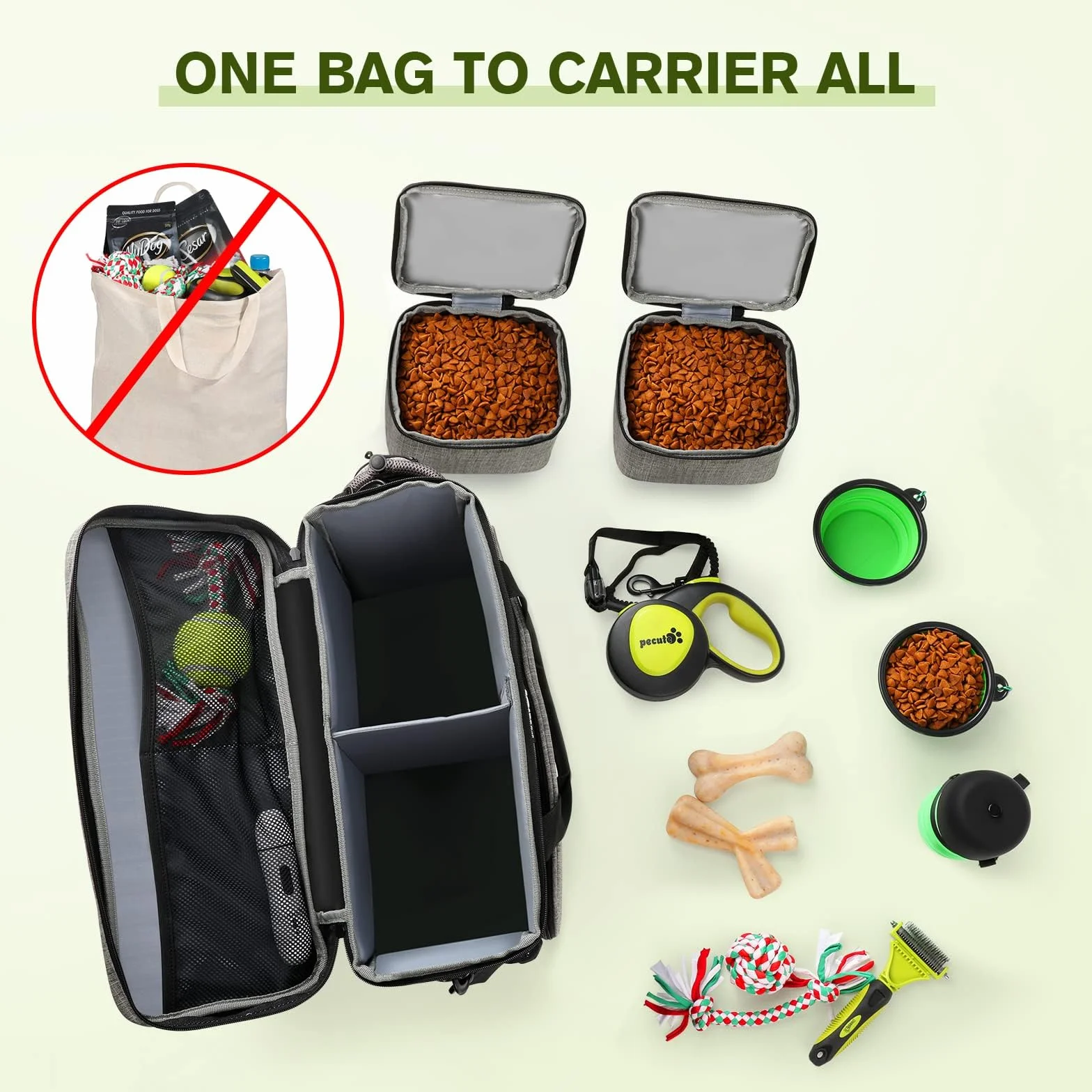 Pecute Hunde Reisetasche Große Hundetasche, Haustier, mit 2 Aufbewahrungstaschen und 2 Hundenäpfe, Hundetragetasche Dog Travel Bag für Reisen, Camping oder Tagesausflüge, Grau 42 * 18 * 30 cm