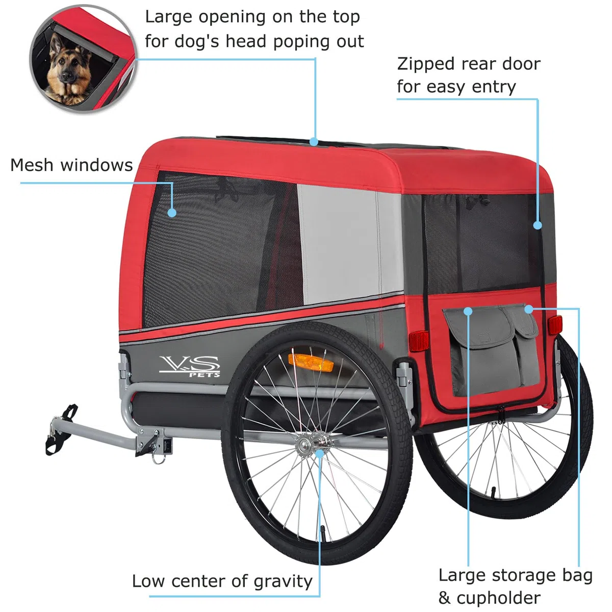 Tiggo VS Pets L Hundeanhänger groß Fahrradanhänger ca. 270L Volumen für mittelgroße und große Hunde bis 35 kg, Klappbar,80202