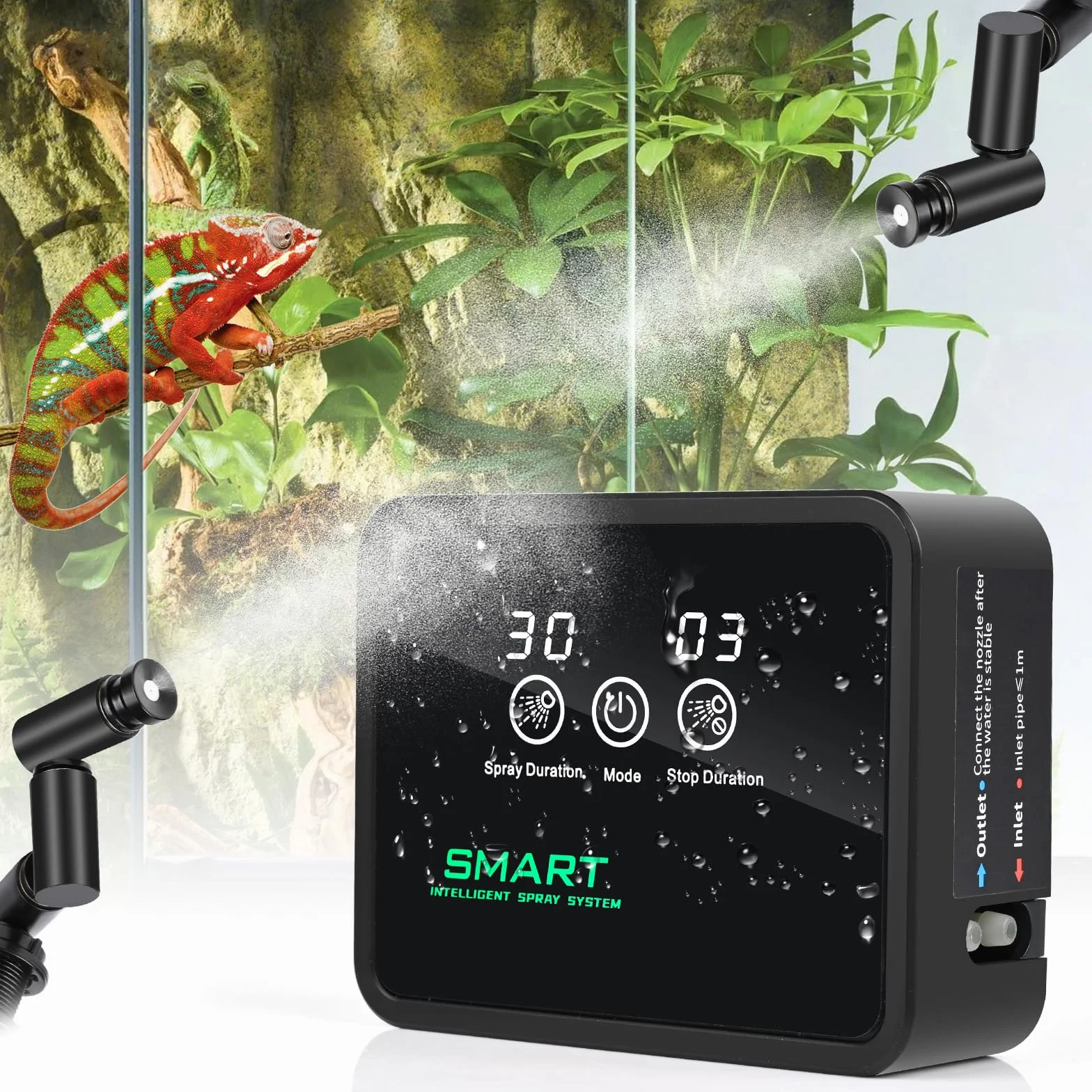 Intelligentes Beregnungsanlage Terrarium, Glovios Luftbefeuchter Terrarium mit Timer und Sprühdüsen 360 ° Verstellbare, Terrarium Luftbefeuchter, Vernebler Terrarium für Amphibien Reptilien Pflanzen