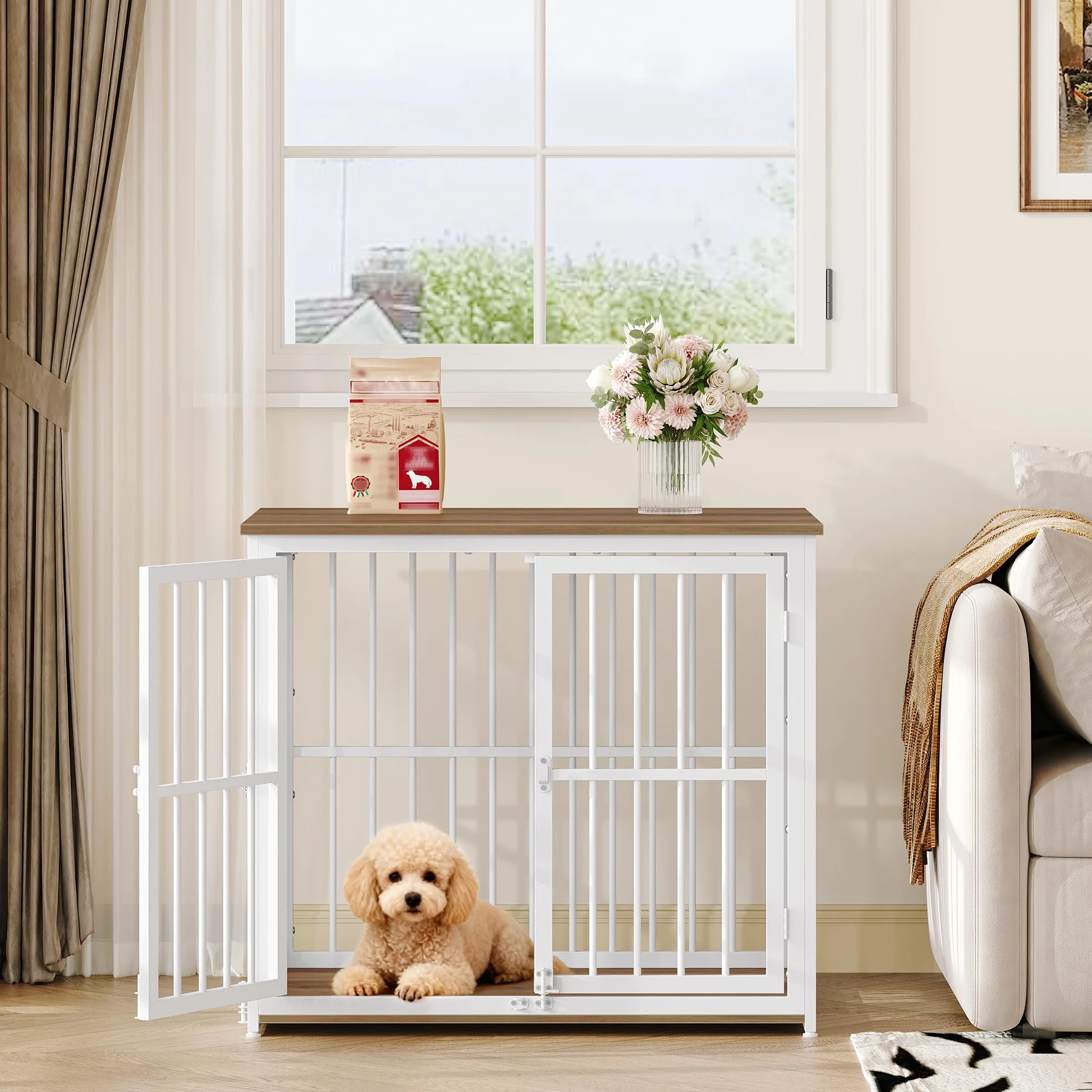 Hundekäfig Möbel, 80cm Hundebox für Zuhause mit 3 Türen, Hundebox Holz Indoor, Beistelltisch, Hundekäfig Hochbelastbar, für Kleine und Mittelgroße Hunde, 80x60x70cm, Vintagebraun & Weiß