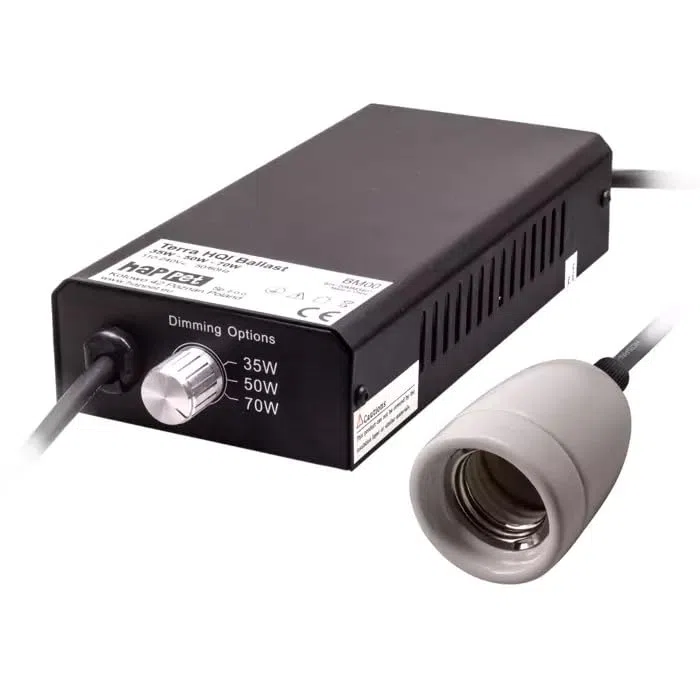 Happet Terra Metal Halide Ballast 35W-70W Variables Vorschaltgerät mit Dimmer für Terrarien HQI Lampen, Stabile Spannung & Überspannungsschutz E27 Fassung, Terrarienbeleuchtung Profi Zubehör