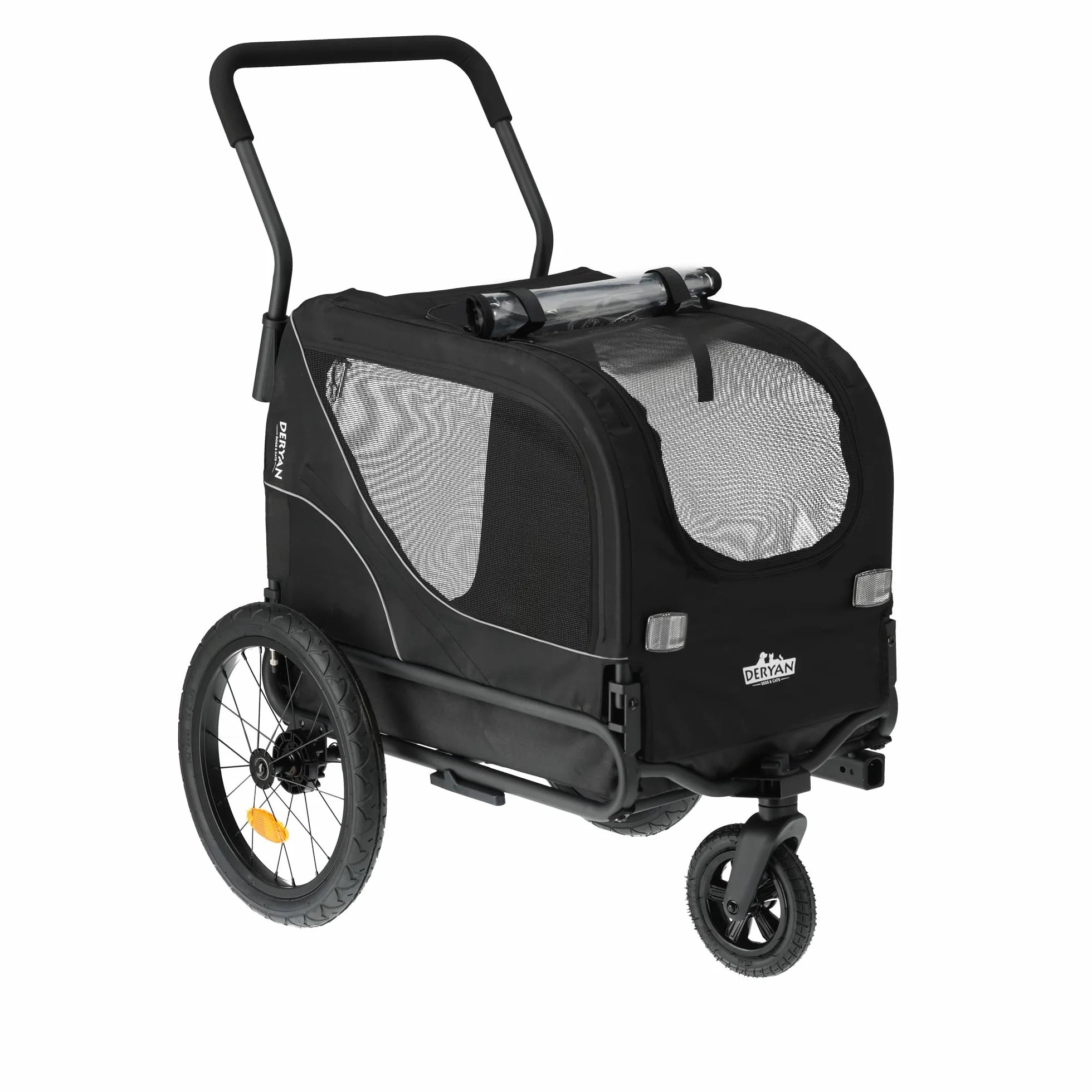 Deryan Hundefahrradanhänger 2-in-1 für Hunde - Fahrradanhänger XL, Jogger & Buggy - Zusammenklappbar & Multifunktional - Bis 20 kg - Für E-Bikes geeignet - Federung Fahrradanhänger Jogger - Schwarz