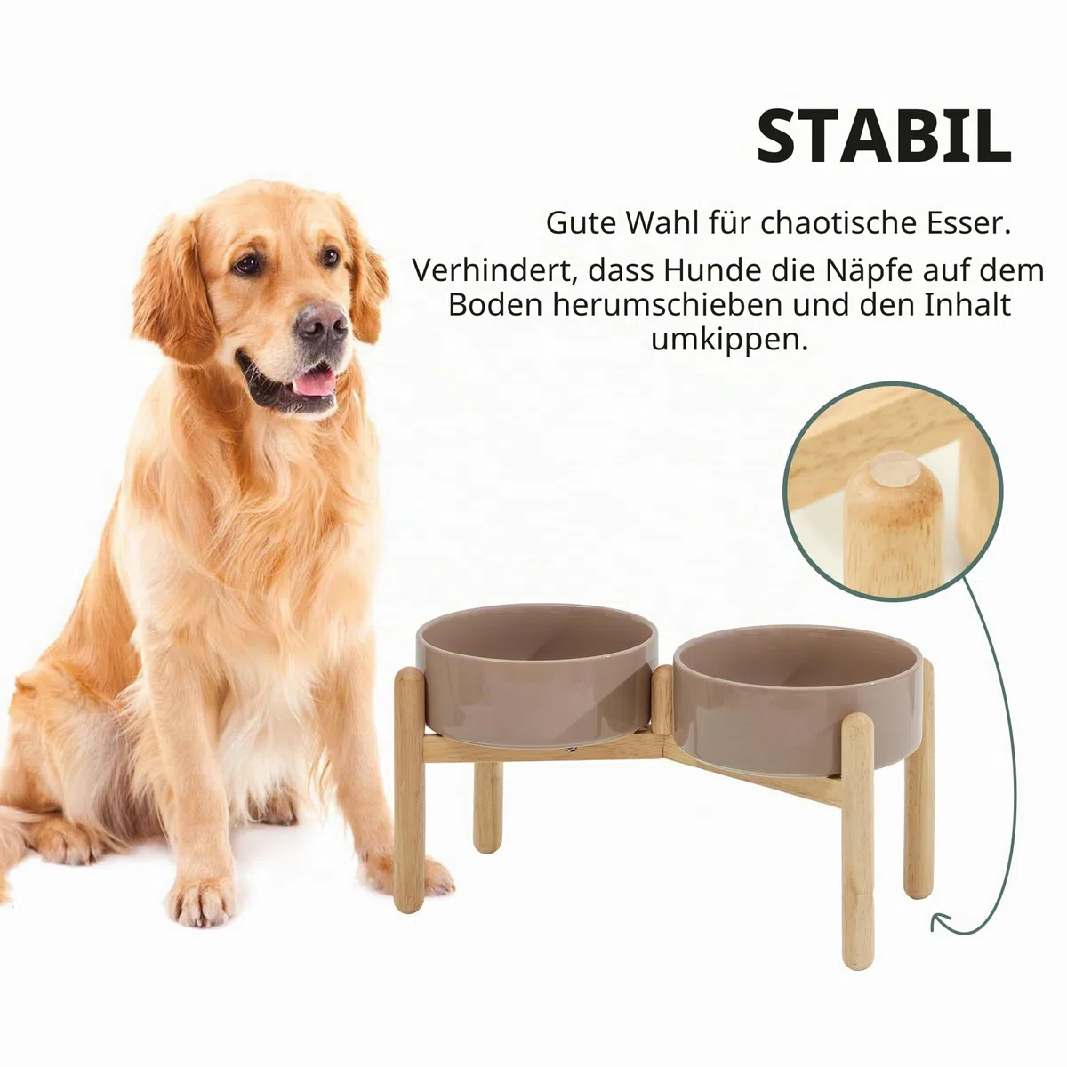 Havniva Keramischer Hundenapf 21 cm mit Ständer für Hunde großer Rassen, Futter- und Wassernapf (Doppelnapf mit Ständer -brauner Kaffee)