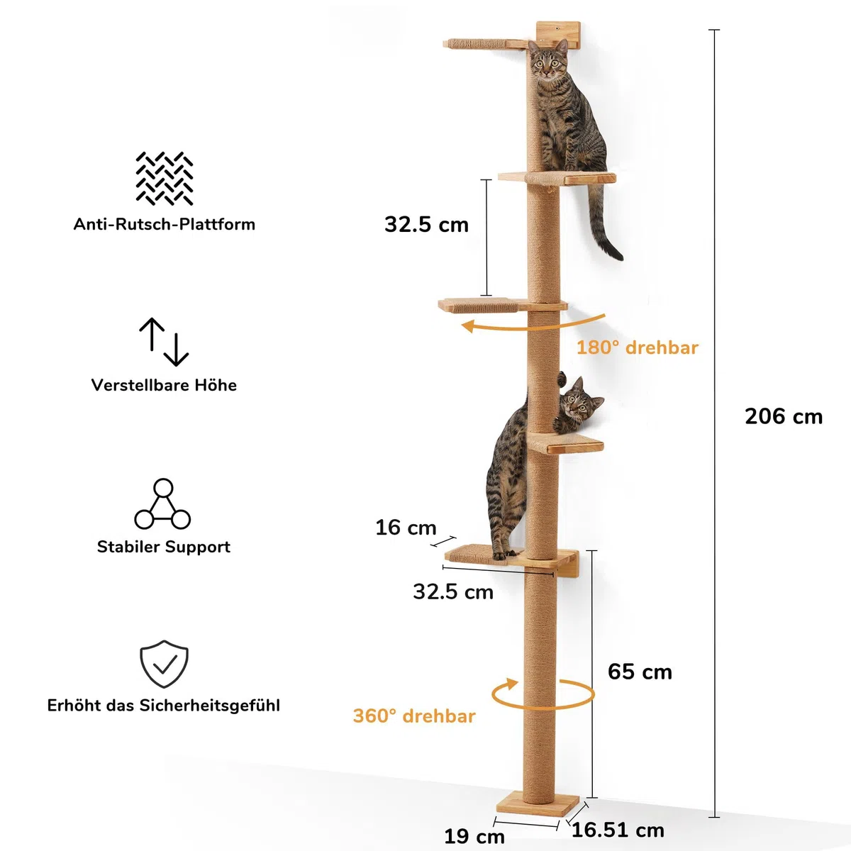 FUKUMARU Kratzbaum, 5 Etagen bis zur Decke reichender Katzenturm(206 cm), wandmontierter Katzenbaum,aus Natürliches Gummibaumholz, für Katzen zum Klettern, Kratzen, Ausschau halten und Spielen.