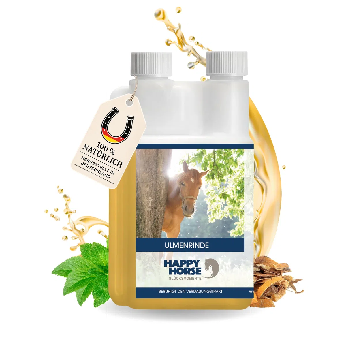 HAPPY HORSE Ulmenrinde 1.000 ml | Ergänzungsfuttermittel für Pferde mit empfindlichem Magen-Darm-Trakt | 100 % pflanzlich | Mit Schleimstoffen & Honigkraut | Made in Germany