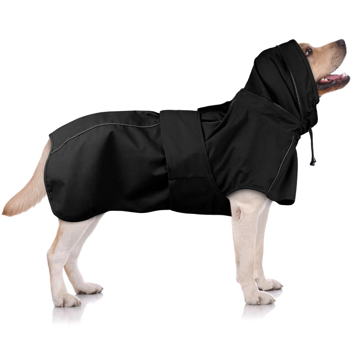 Hunde-Regenmantel für extra große Hunde, verstellbar, wasserdicht, reflektierend, atmungsaktiv, vollständige Abdeckung, Trockenanzug für regnerisches Wetter, Spaziergänge im Freien, Schwarz