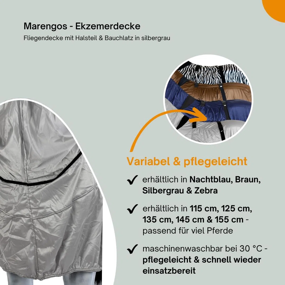 Marengos - Ekzemerdecke mit Halsteil & Bauchlatz – Fliegendecke aus feinmaschigem Gewebe – Schutz v. Insekten – doppelter Frontverschluss & Gehfalte – Pferdedecke in Silbergrau – 135cm