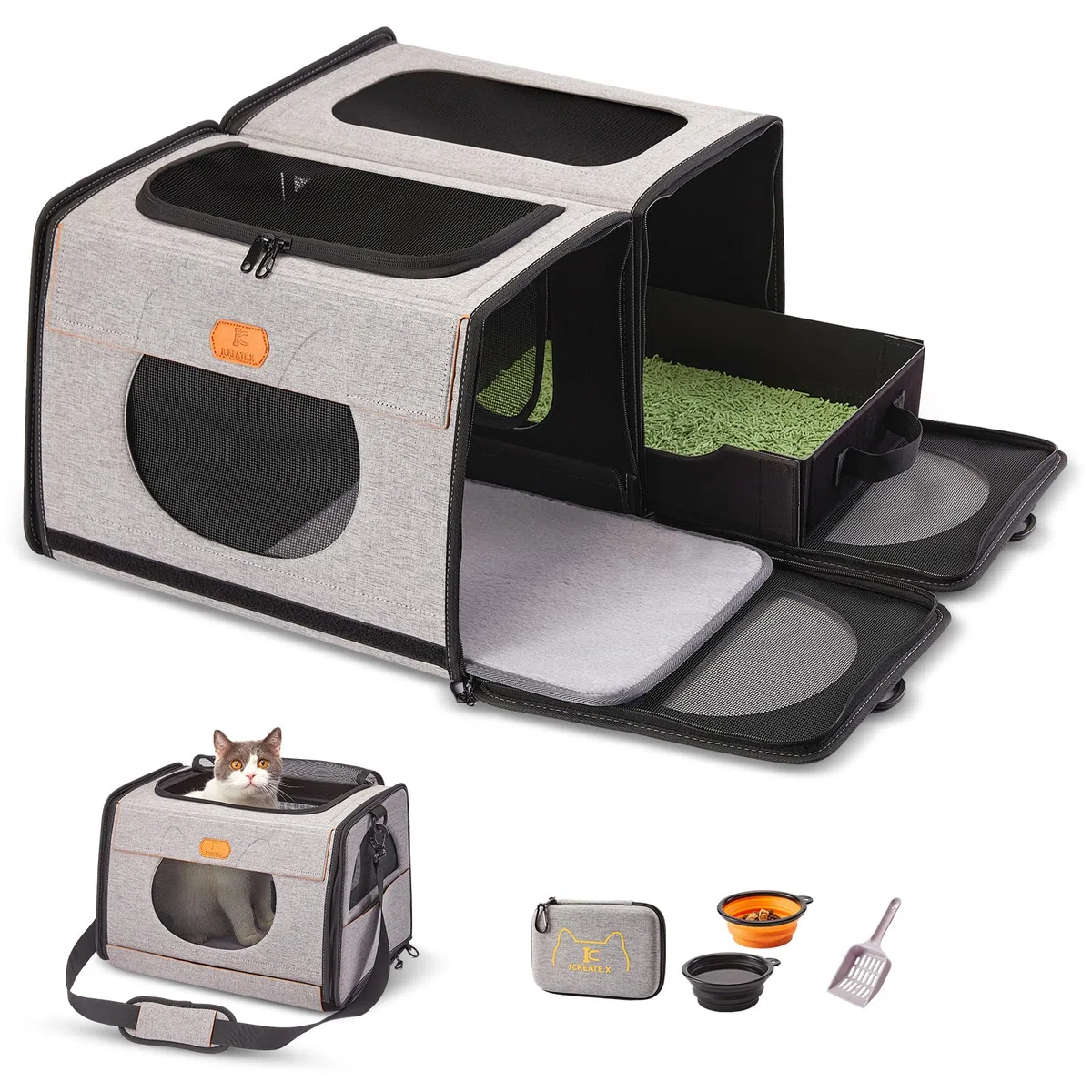 Faltbare Katzen Transportbox Groß 2-in-1 Doppel-Haustiertragetasche für Katzenklo und weichen Katzenkäfig