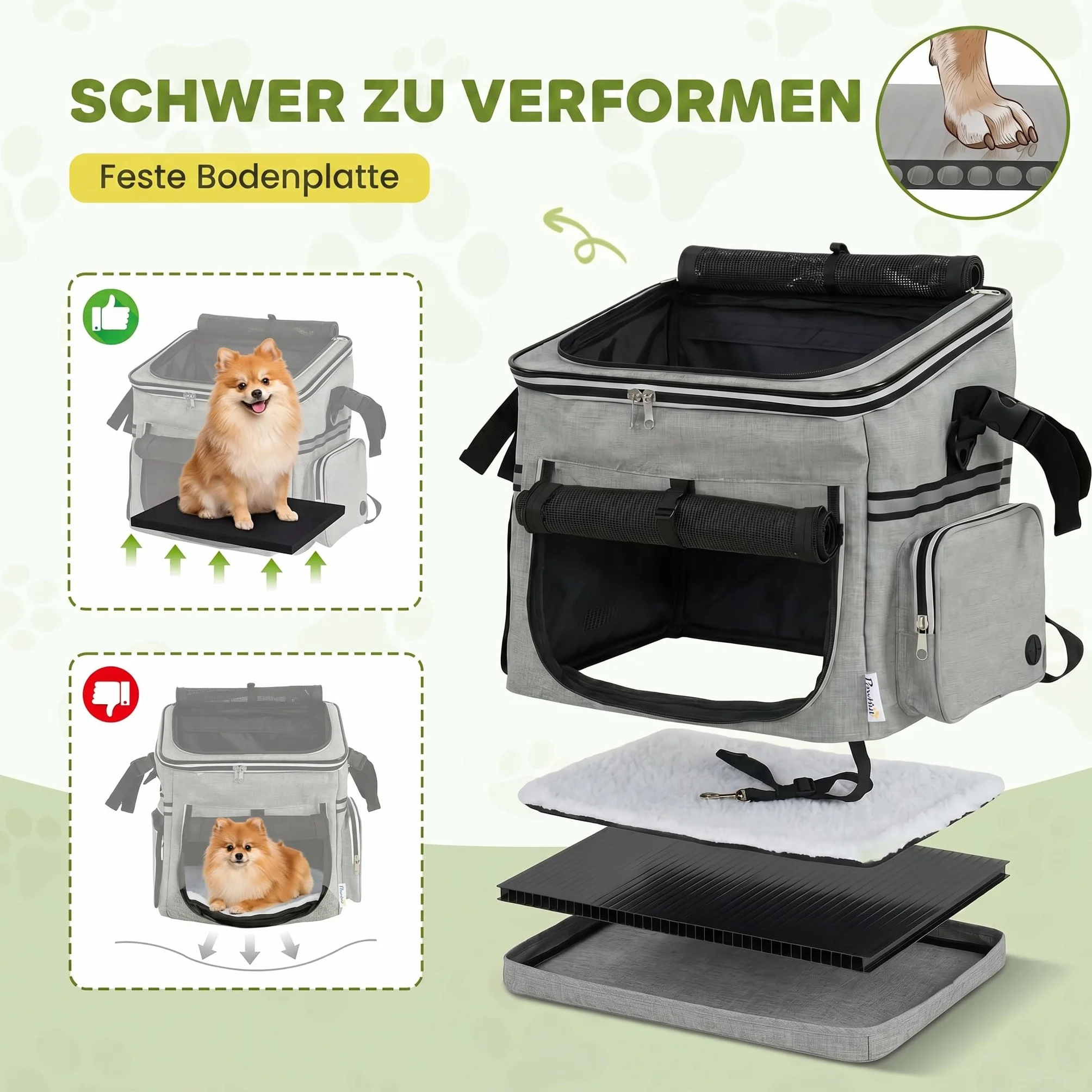 PawHut Hundekorb Fahrrad Vorne, Tragbarer Atmungsaktiver Hundefahrradkorb mit Sicherheitsleine Weichem Kissen Mesh-Türen Schüssel Fahrrad Lenkerkorb für Kleine Hunde und Katzen bis 5kg Hellgrau