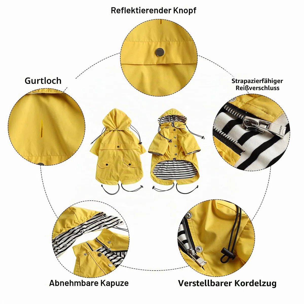 MOREZI Hunderegenmantel, mit Reißverschluss und reflektierenden Knöpfen, Regen-/wasserdicht, Verstellbarer Schultergurt, abnehmbare Kapuze, hält den Hund sauber und ordentlich-Gelb-L