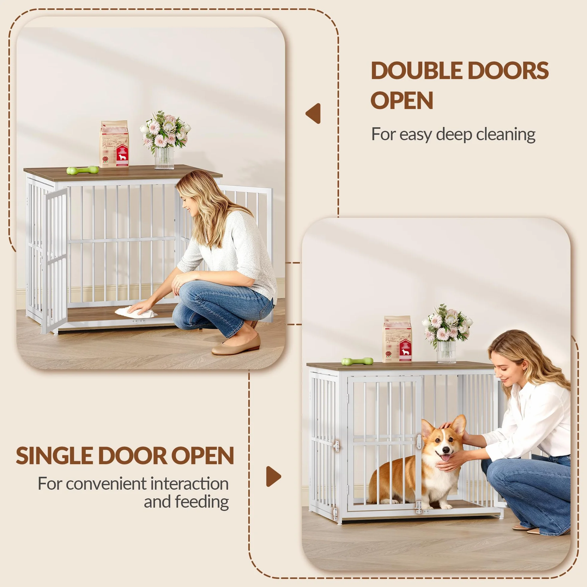 Hundekäfig Möbel, 80cm Hundebox für Zuhause mit 3 Türen, Hundebox Holz Indoor, Beistelltisch, Hundekäfig Hochbelastbar, für Kleine und Mittelgroße Hunde, 80x60x70cm, Vintagebraun & Weiß