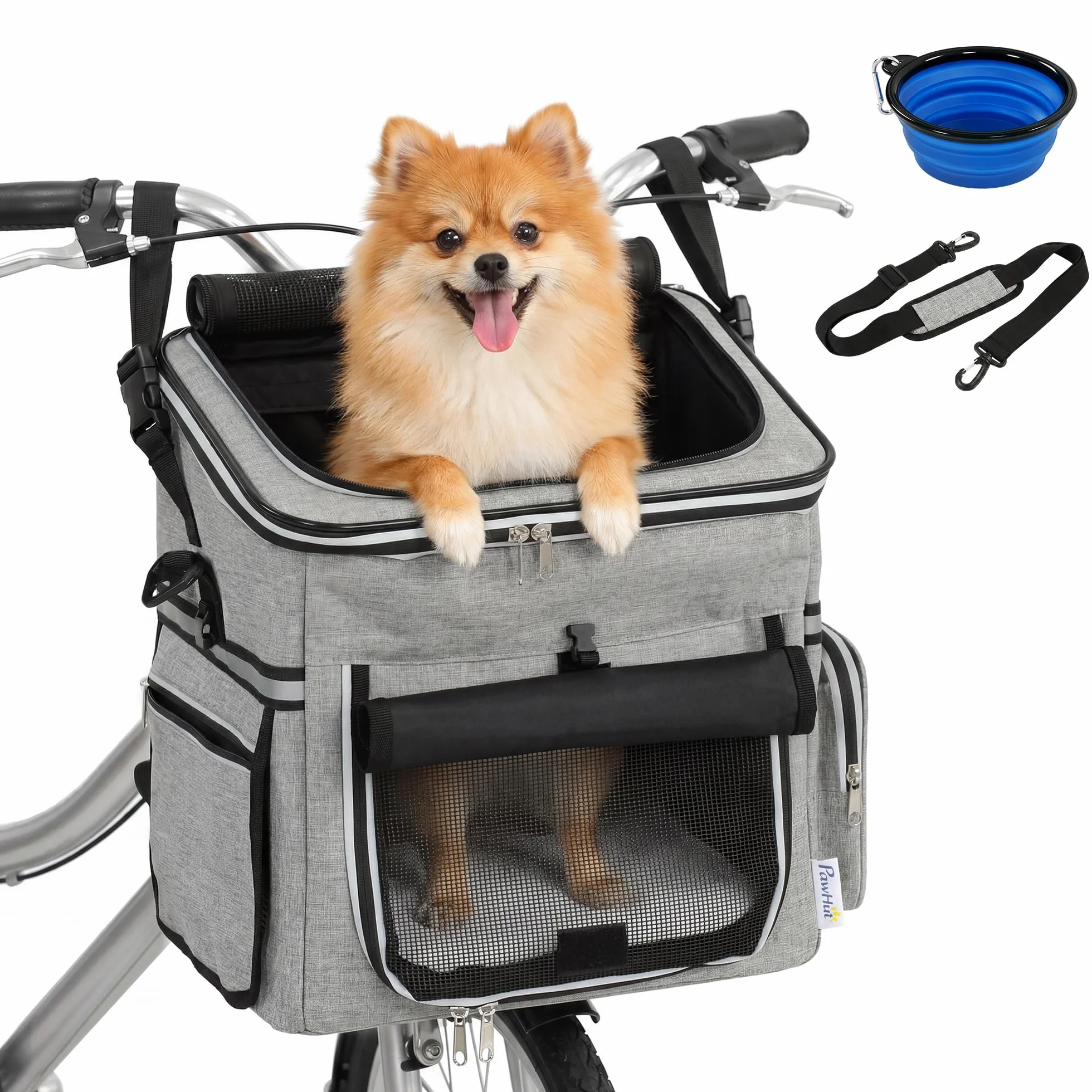 PawHut Hundekorb Fahrrad Vorne, Tragbarer Atmungsaktiver Hundefahrradkorb mit Sicherheitsleine Weichem Kissen Mesh-Türen Schüssel Fahrrad Lenkerkorb für Kleine Hunde und Katzen bis 5kg Hellgrau