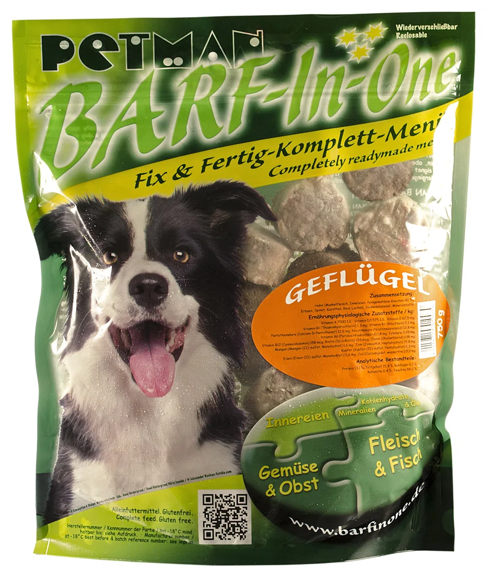 Barf-in-One Geflügel, 8 x 750g-Beutel, Tiefkühlfutter, gesunde, natürliche Ernährung für Hunde, Hundefutter, Barf, B.A.R.F.