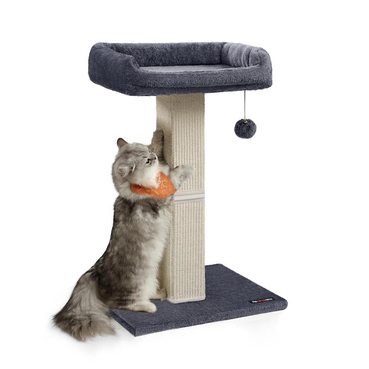 Feandrea Kratzbaum, Katzenbaum mit 40 x 30 cm Plattform aus Plüsch, Kratzstamm, Katzenkratzbaum, 71 cm hoch, 10 cm Dicke Kratzsäule mit geflochtenem Sisal, mit Plüschball, dunkelgrau PCA022G01