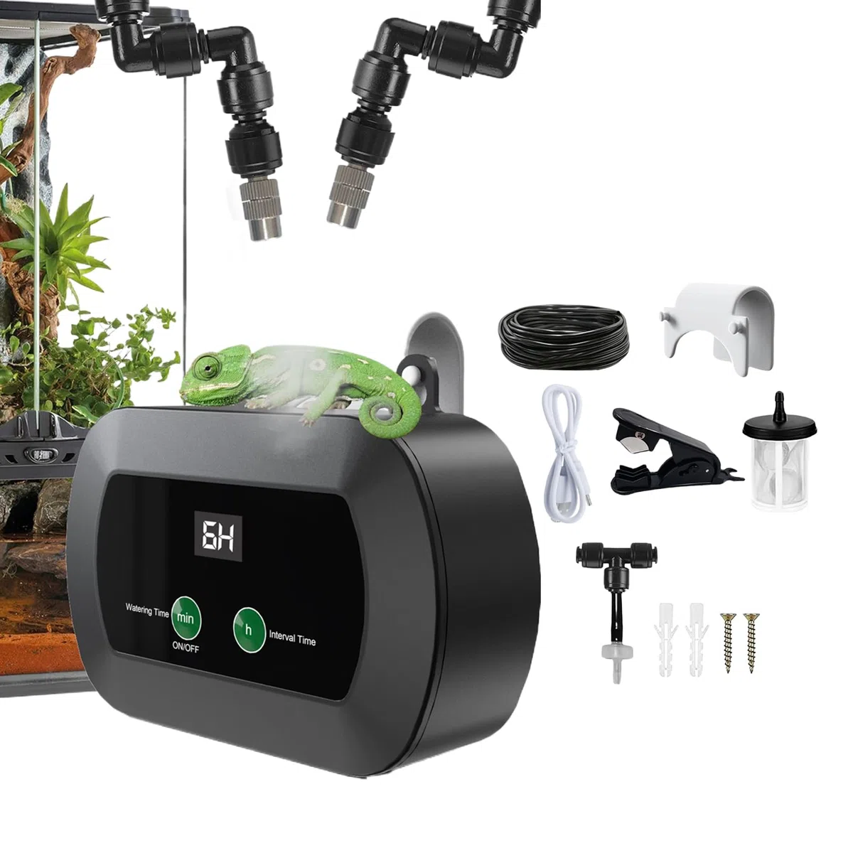 Luftbefeuchter für Terrarium, automatischer Luftbefeuchter für Reptilien mit Timer, 360° verstellbarer Zerstäuber für Amphibien und Eidechsen mit Luftdüsen