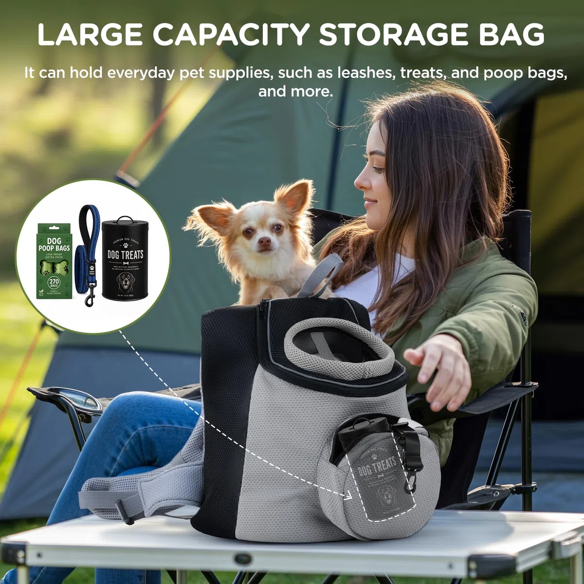 BONTHEE Hundetrage-Rucksack für kleine Hunde & Welpen – atmungsaktiver Frontrucksack mit PE-Boden und Aufbewahrungstasche, für Outdoor, Wandern & Reisen, bis 4.5kg