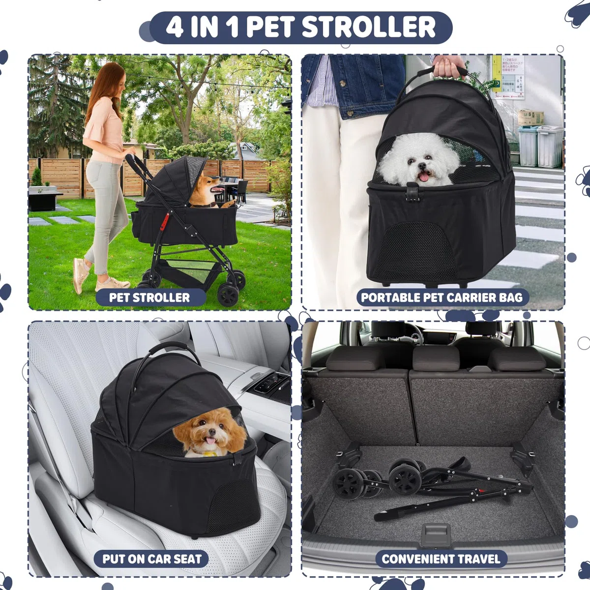 Hundewagen 3 in 1, Haustiere Buggy für mittelgroße Hunde, Faltbarer Hundebuggy bis 20kg, Haustiere Transportbox, Hundewagen mit abnehmbarem Carrier Autositz und Nahrungsmittelfach (schwarz)