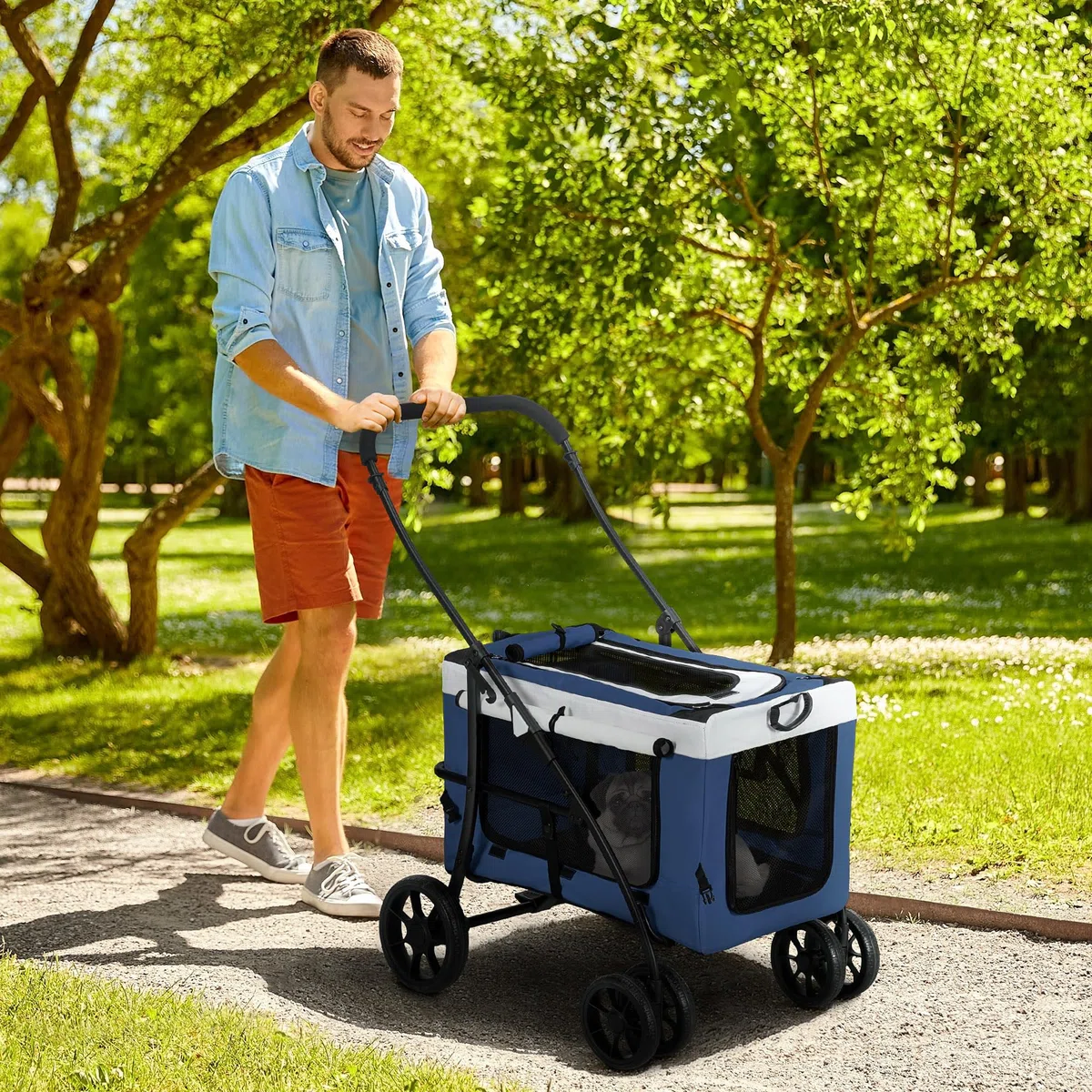 PawHut 2 in 1 Hundewagen Hundebuggy klappbar für Hunde & Katzen bis 10 kg Katzenbuggy mit Kissen Netzfenstern Türen Aufbewahrungskorb Katzenwagen Buggy Blau