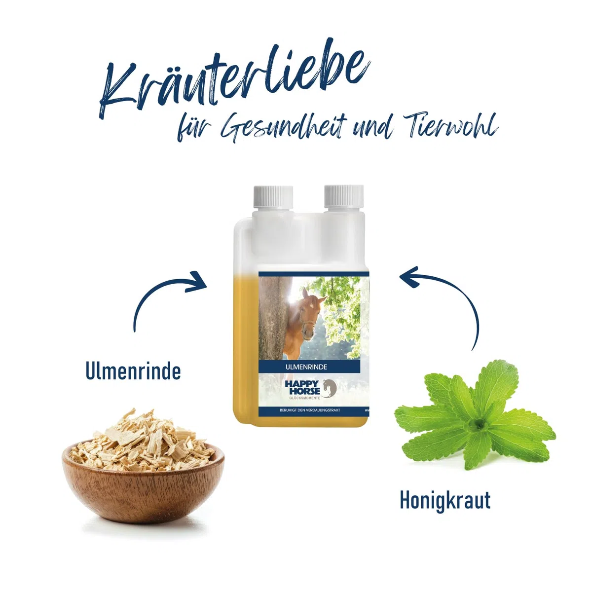 HAPPY HORSE Ulmenrinde 1.000 ml | Ergänzungsfuttermittel für Pferde mit empfindlichem Magen-Darm-Trakt | 100 % pflanzlich | Mit Schleimstoffen & Honigkraut | Made in Germany