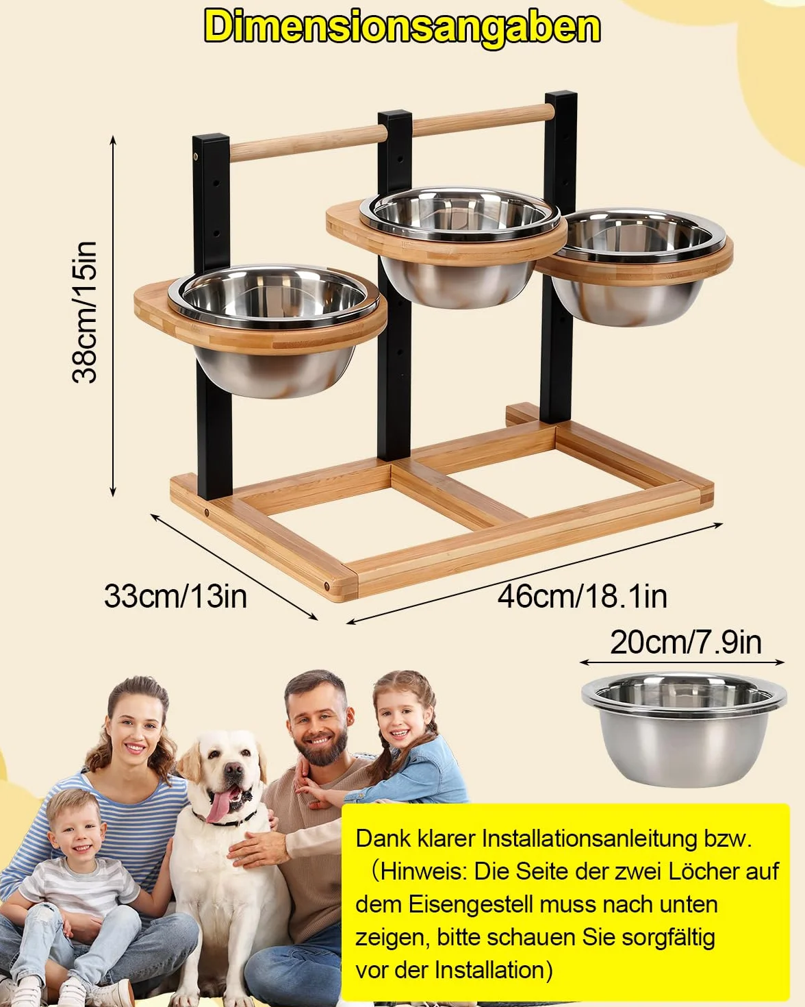 Erhöhter Futternapf für Hunde, 3 x 1400ml Edelstahlschüssel, 5 x Höhenverstellbar Hundenapf, Holz Erhöhte Hundenäpfe, Futterstation Hundenapfständer, 46x38x33cm