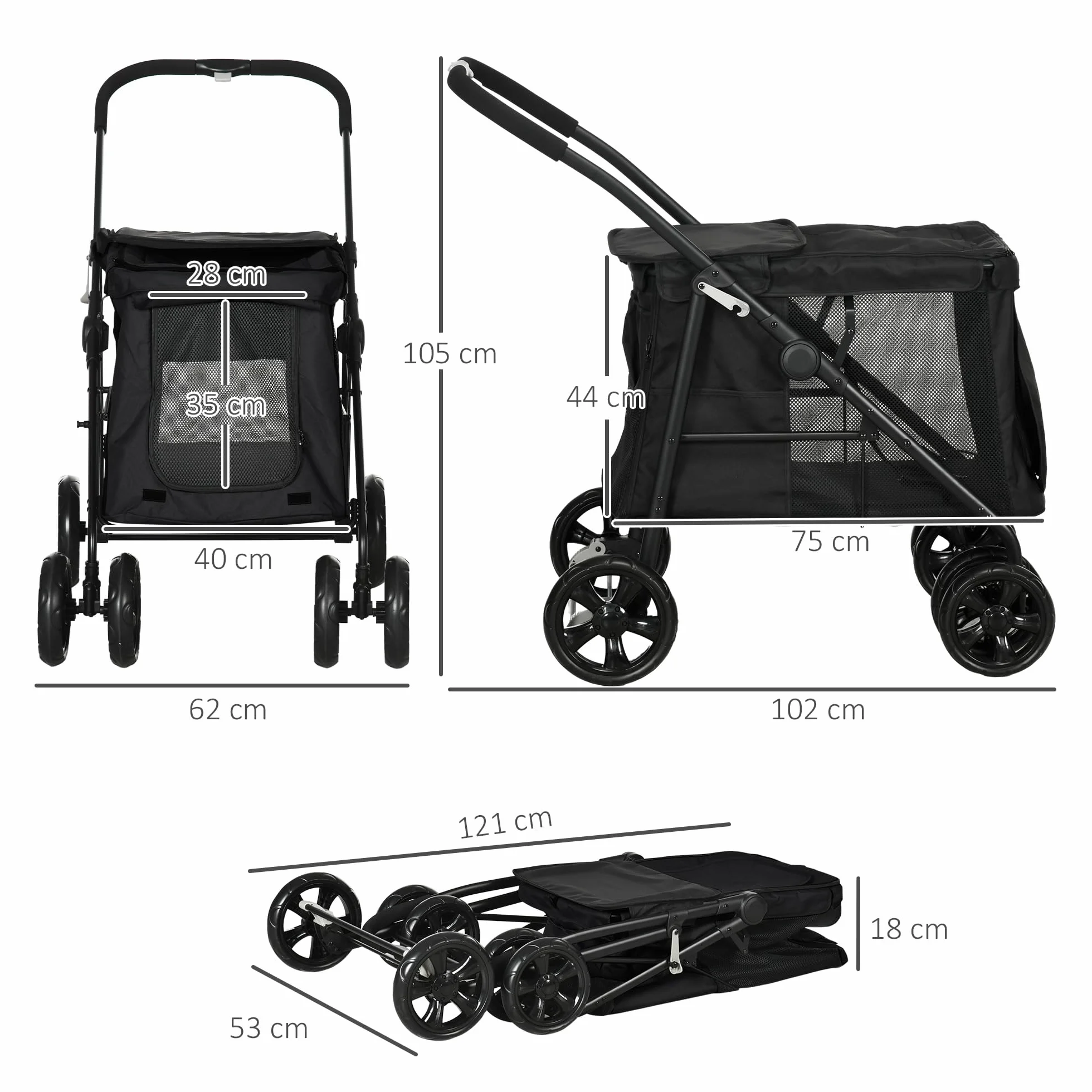 PawHut Hundewagen, faltbarer Hundebuggy, Hundetrolley mit Kissen, Katzenbuggy bis 20 kg, Katzenwagen für kleine und mittelgroße Hunde mit Seitentaschen, Netzfenster, Oxford-Gewebe, Schwarz