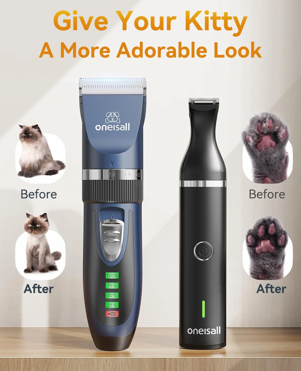 oneisall Leise Hundeschermaschine und Pfotentrimmer 2 in1 Set, Schermaschine Hund & Pfotenschermaschine kabellos Haarschneidemaschine für Mittlerer Hunde/Welpe/Katzen (schwarz)
