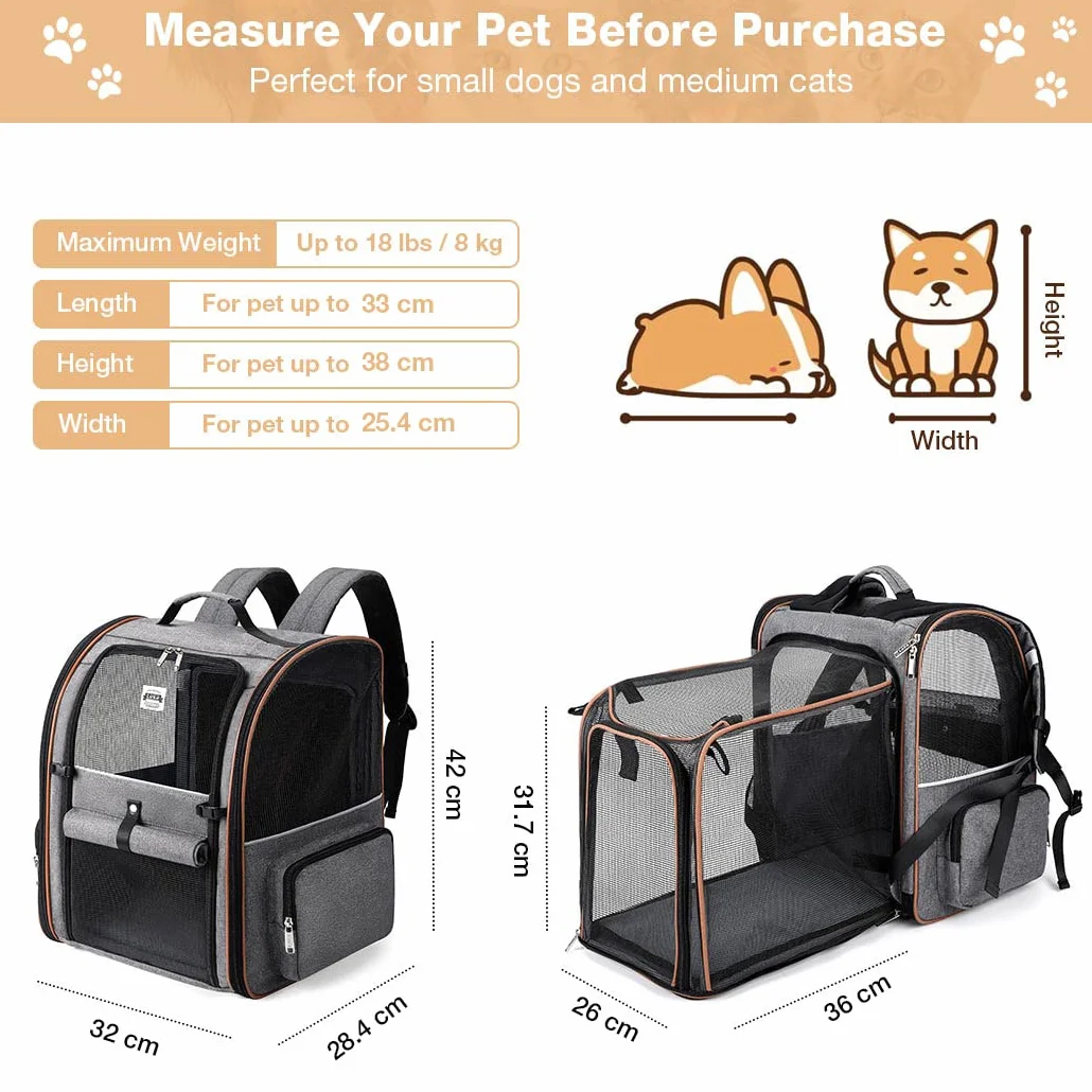 Erweiterbar Katzenrucksack Hunderucksack für Katzen Hunde bis 8kg, Groß Katzen Rucksack Faltbare Haustier Rucksack mit Innerer Sicherheitsleine und Haustiermatte, Grau