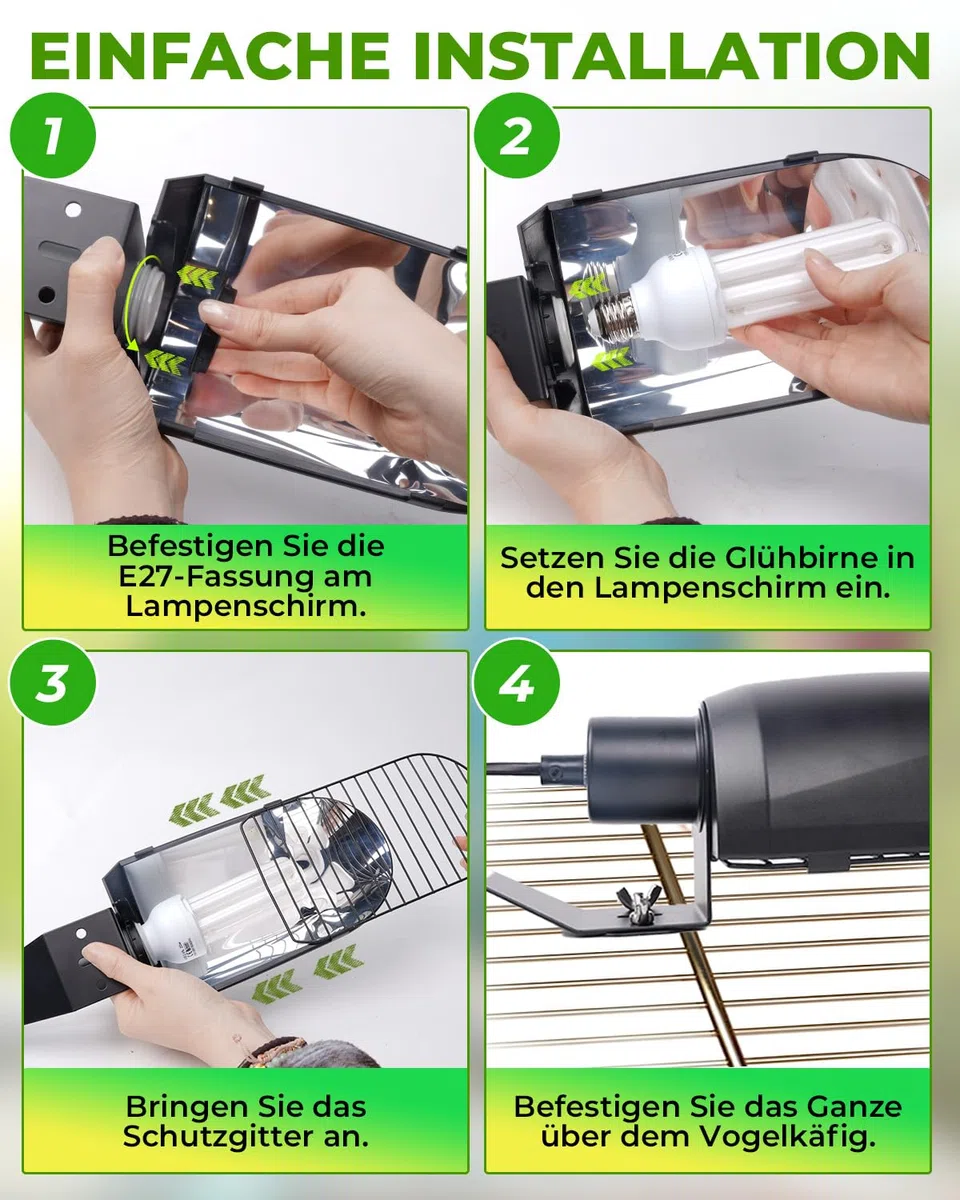 GlowUp UVB 2.4 Vogellampe Kombi-Set, tiefe U-förmige Lampenfassung mit 20W UVB Vogellampe E27 für Vögel