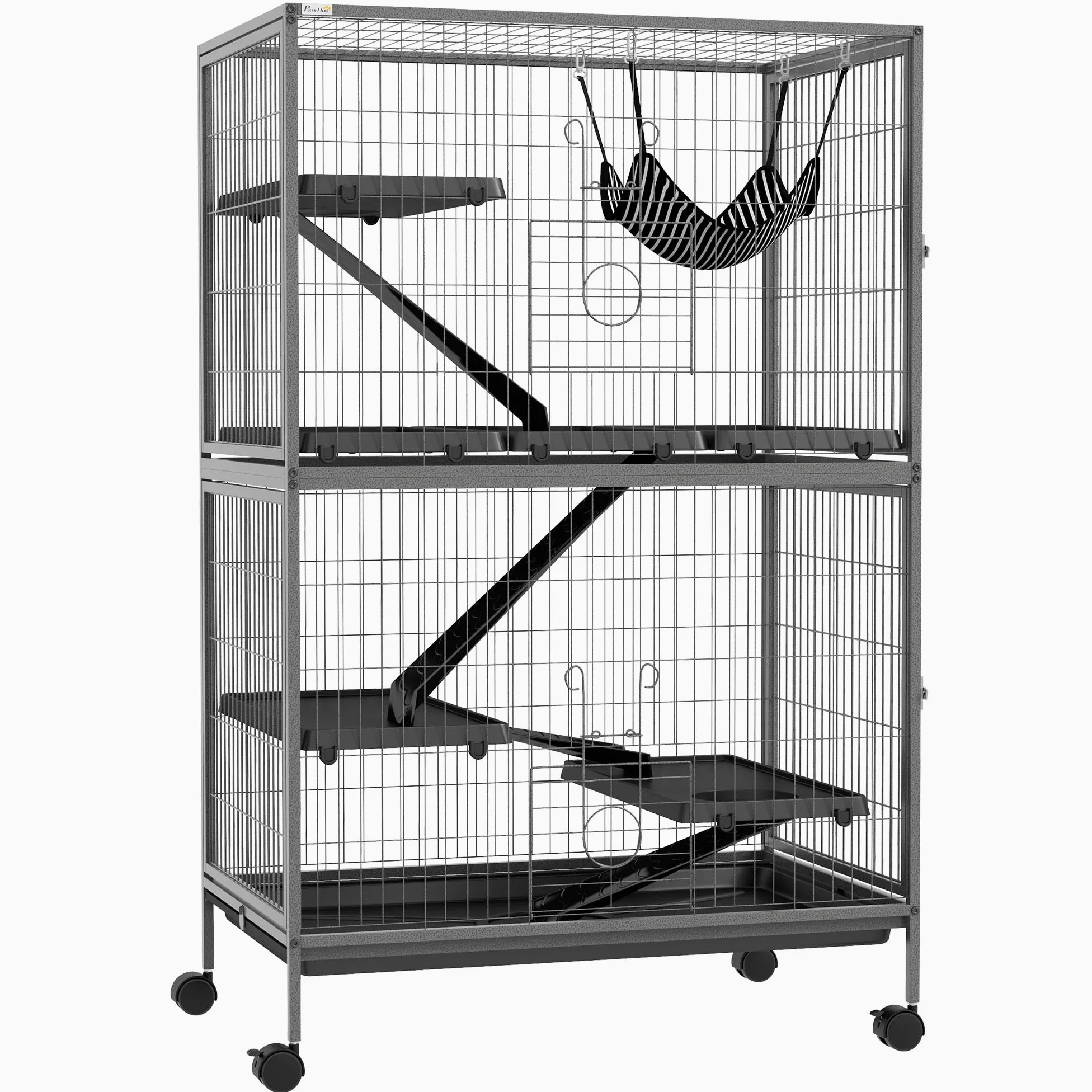 PawHut Freigehege Kleintiergehege mit ausziehbarem Tablett, Hängematte, Rampen, Rollen Kleintierkäfig Gehege für Kleintiere, Eichhörnchen Chinchilla, 80 x 52 x 128 cm Grau