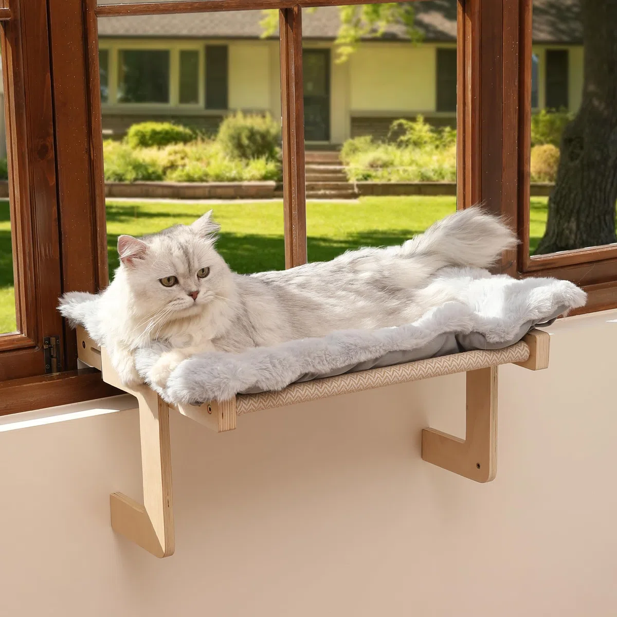 FUKUMARU Katzen Hängematte Fenster Katzenbett Fensterbank für Katzen, Fensterliege mit weichem Kissen, verstärkter Holz- und Metallstruktur, umbaubare Hängematte, Tragkraft bis 20 kg