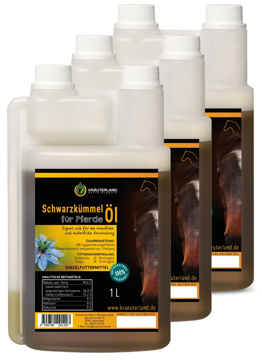 Schwarzkümmelöl für Pferde • ab 22,90 • 3 x 1000ml • ungefiltert • 100% naturrein • in Dosierflasche • mühlenfrisch direkt vom Hersteller Kräuterland Natur-Ölmühle (3 x 1 Liter)