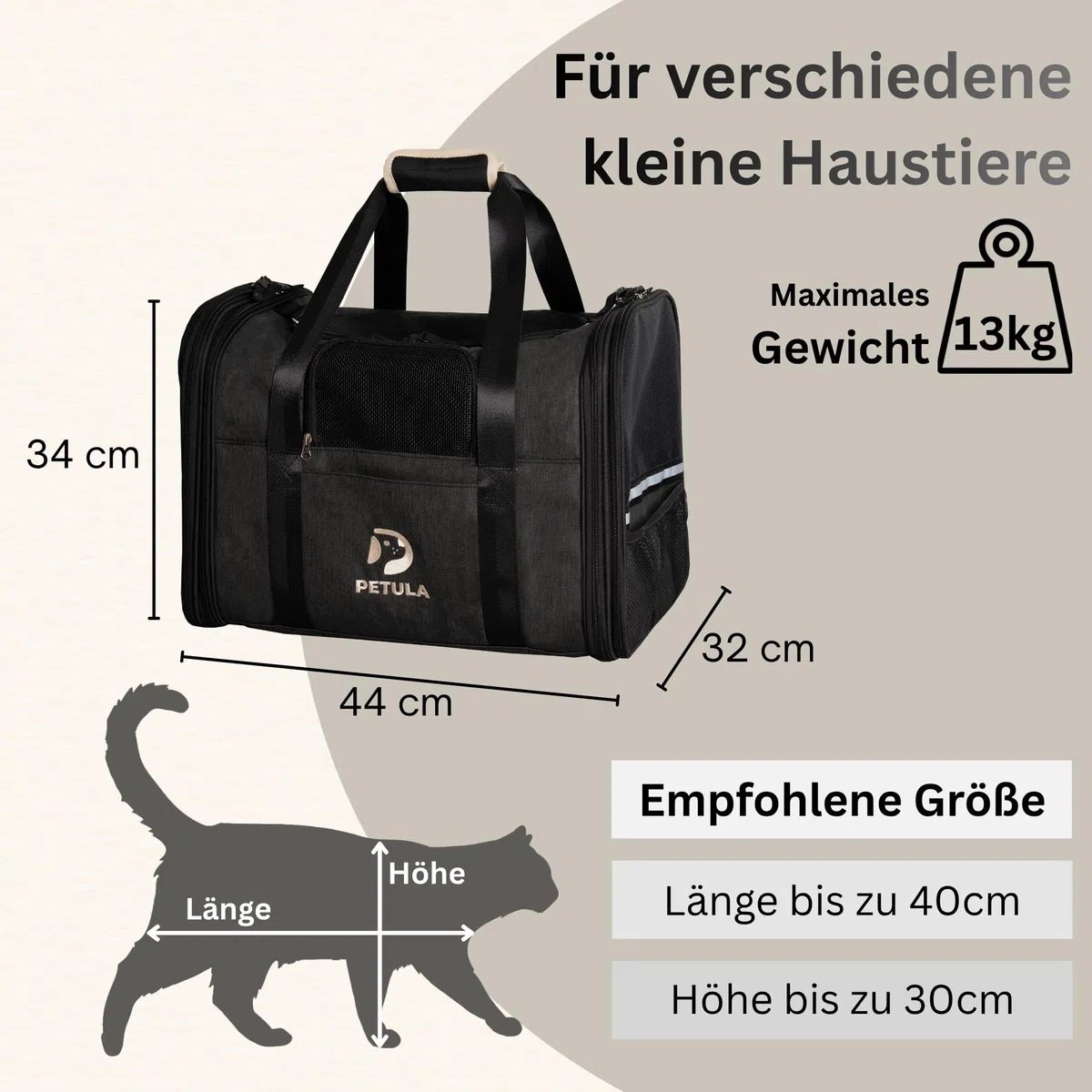 Petula Katzentasche & Hundetasche – Faltbare Katzentransporttasche für Katzen & kleine Hunde bis 13 kg – Formstabil, mit Innenmatte, Belüftung, Katzentransportbox, Transportbox (Schwarz)