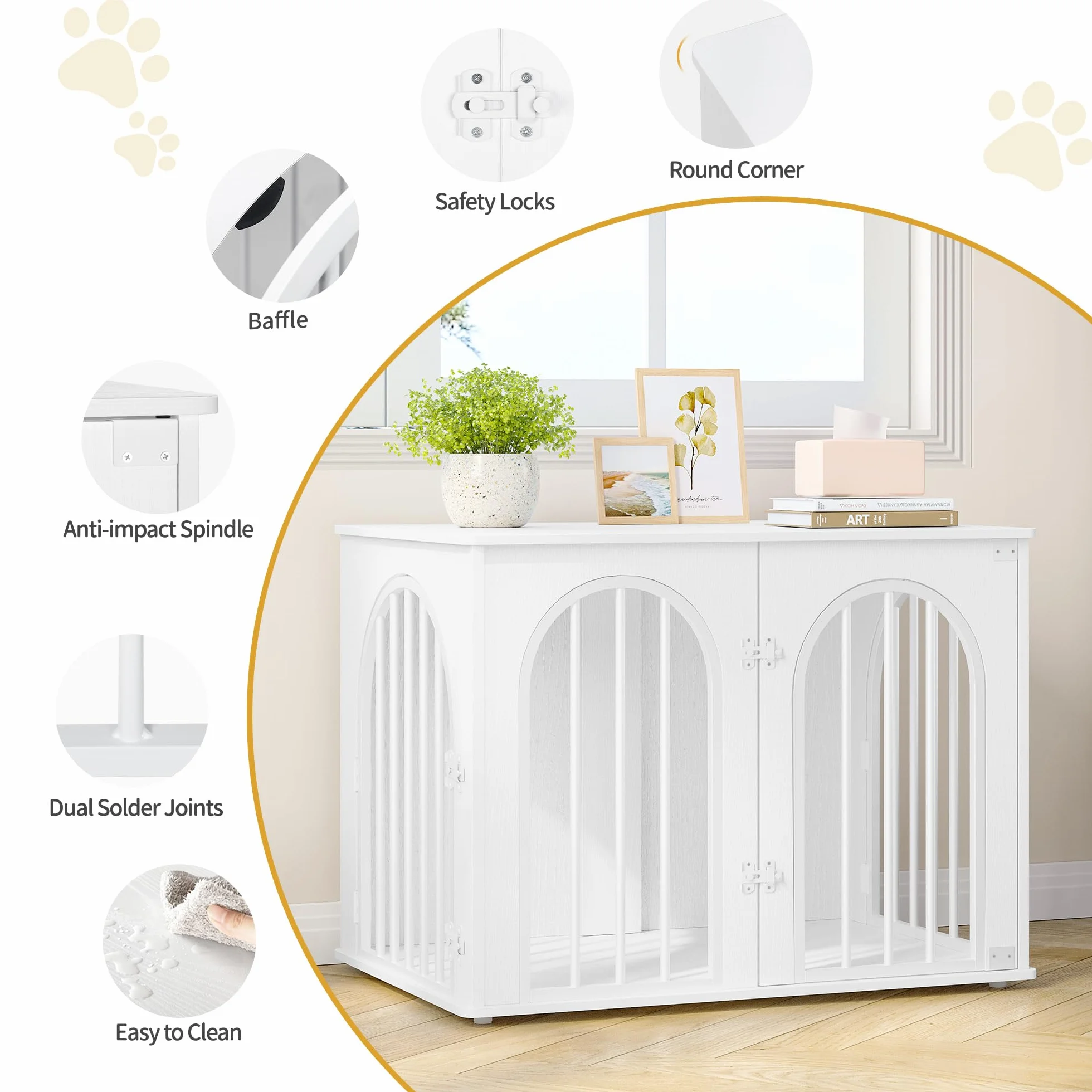 Hzuaneri Hundekäfig Möbel, 80cm Hundebox für Zuhause, 3 Türen, Bogentür, Moderne Hundebox Indoor für Hunde, Beistelltisch, Hundekäfig Hochbelastbar, 80 x 56 x 61 cm, Weiß DFC85113W