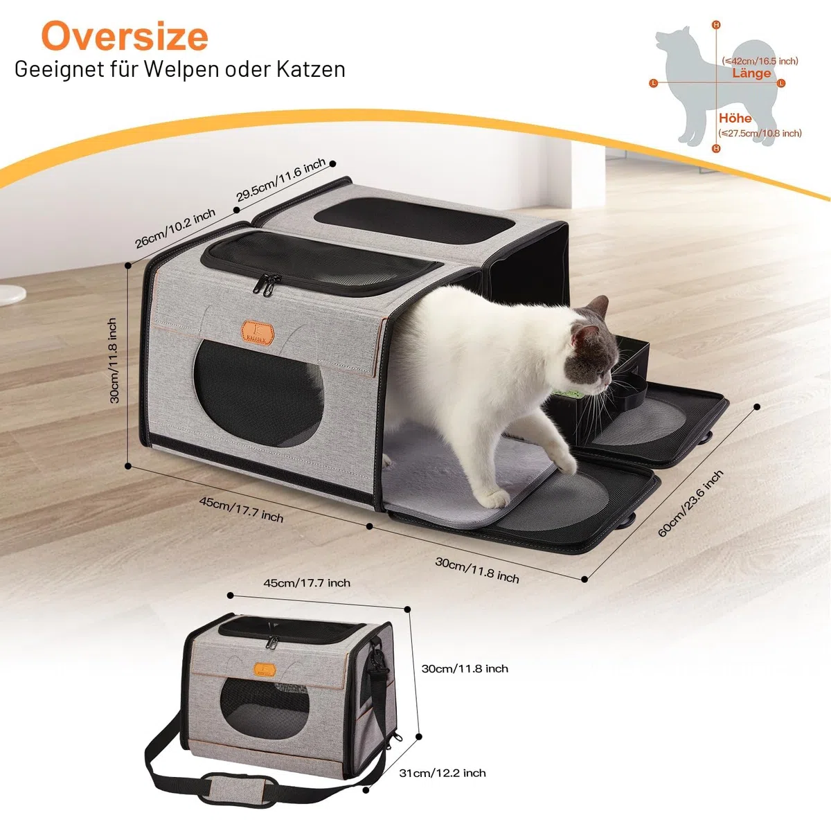 Faltbare Katzen Transportbox Groß 2-in-1 Doppel-Haustiertragetasche für Katzenklo und weichen Katzenkäfig
