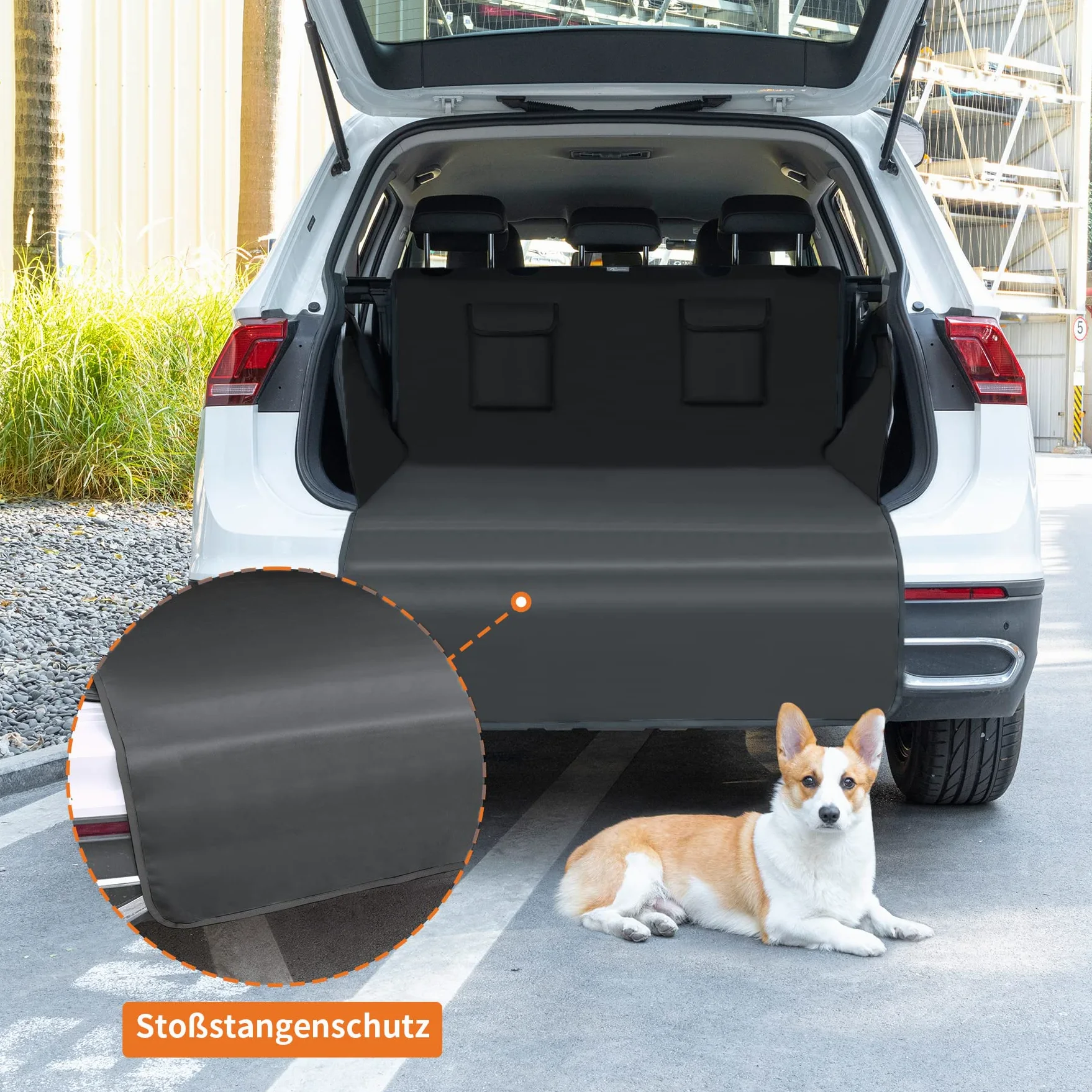 Kofferraumschutz Hund mit Seitenschutz & Stoßstangenschutz – Wasserdicht, reißfest & pflegeleicht, universale Kofferraum-Schutzmatte für Hunde, passend für SUV, Kombi & Kleinwagen – schwarze Kante