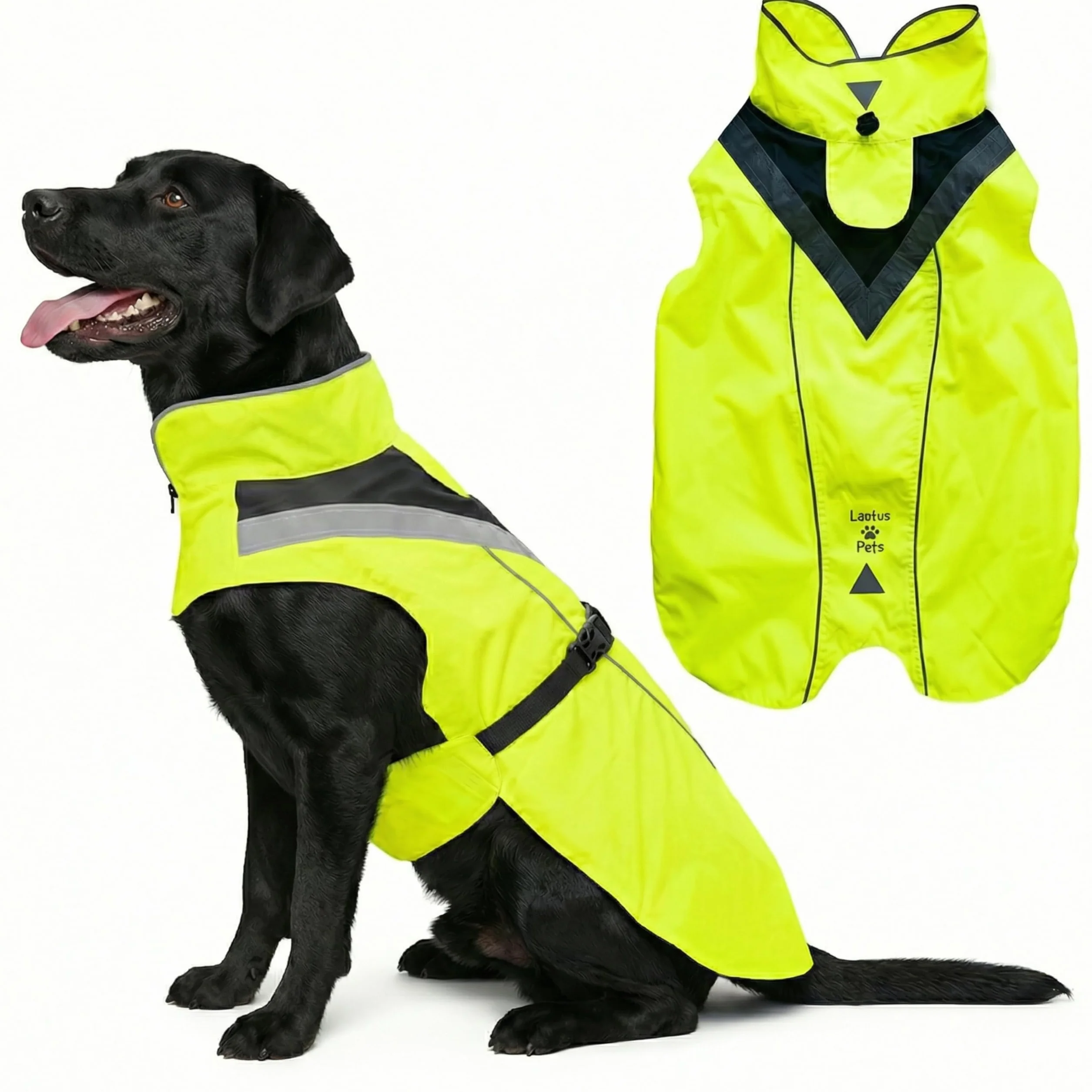 Wasserdichter Hunderegenmantel, reflektierenden Sicherheitsstreifen & Leinenöffnung – Leichte, Jacke für mittelgroße Hunde von Lautus Pets - XL, Gelb