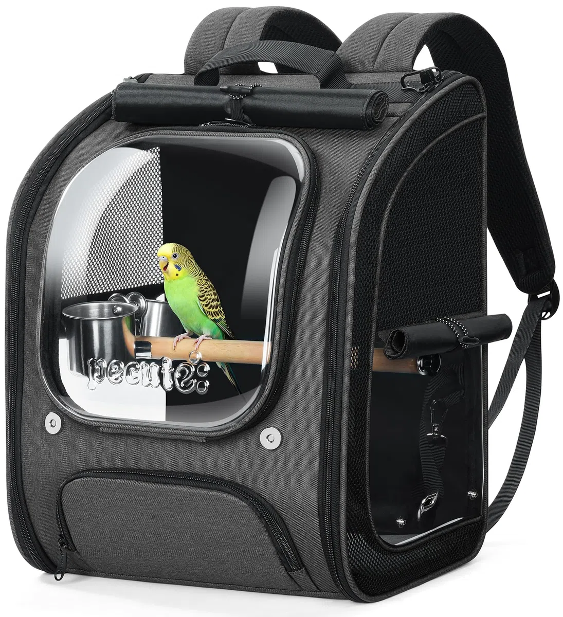 pecute Rucksack für Vögel mit Holzstab, Atmungsaktiv Träger Vogel Transporttasche, Robuste Papageien Reiserucksack mit Edelstahl-Futternapf, Leichte Transportbox Vogel, 32 x 26 x 42cm, Grau