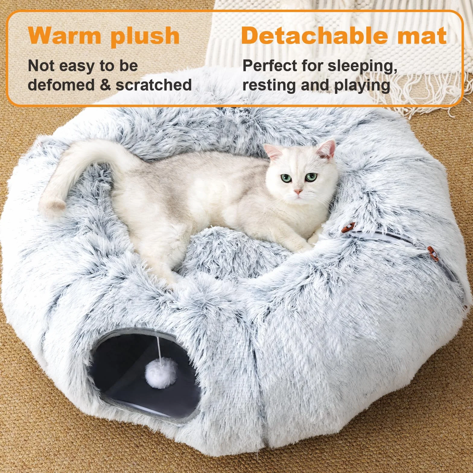 FURRYPAWS Katzentunnelbett mit 20 Spielzeugen, multifunktionaler Donut-Katzen-Spieltunnel, faltbar, Plüsch, Haustierhöhle, Versteck mit Blicklöchern und Ball, für Kätzchen, Kaninchen, Meerschweinchen