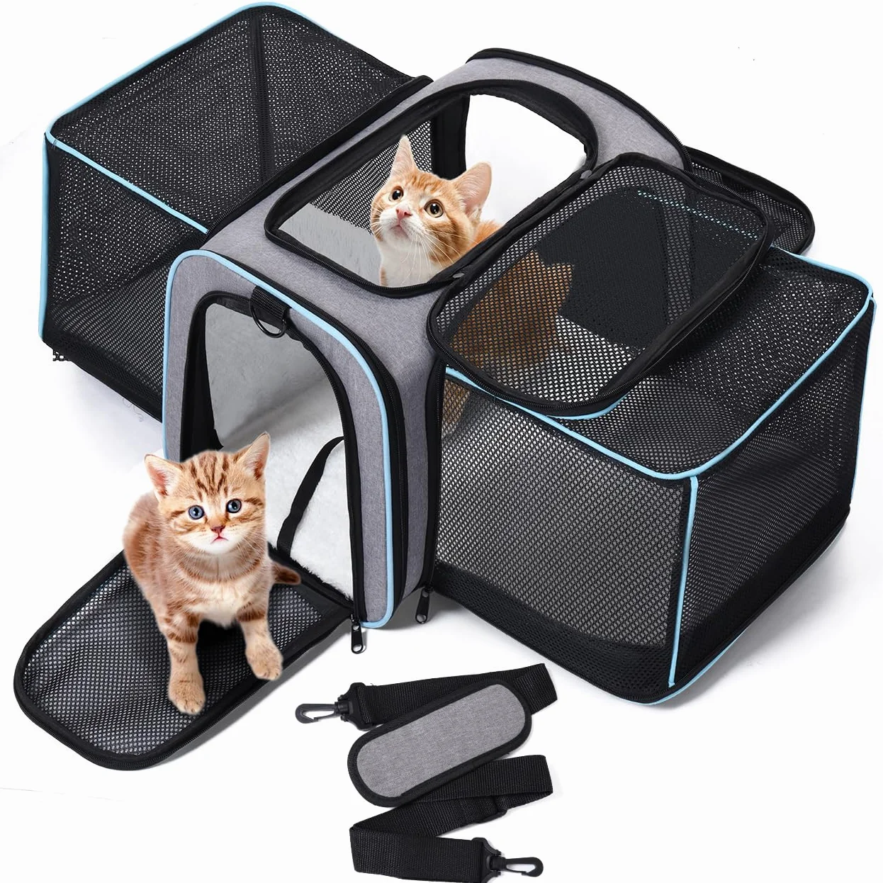 Petcozife Erweiterbar Transporttasche für Katzen/Hunde, Faltbar Transportbox Katzentasche Hundetasche, 47x29x29cm Katzentransporttasche Tragetasche für Haustiere - Bis 5,5 kg