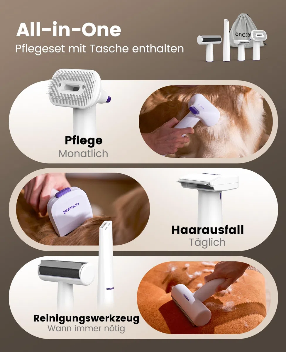 oneisall Hundestaubsauger mit Bürste, Super Saugkraft mit 12000Pa, Tierhaar staubsauger von der Bürste mit Einem Knopf, Tierhaarentferner mit 4 Pflegewerkzeugen