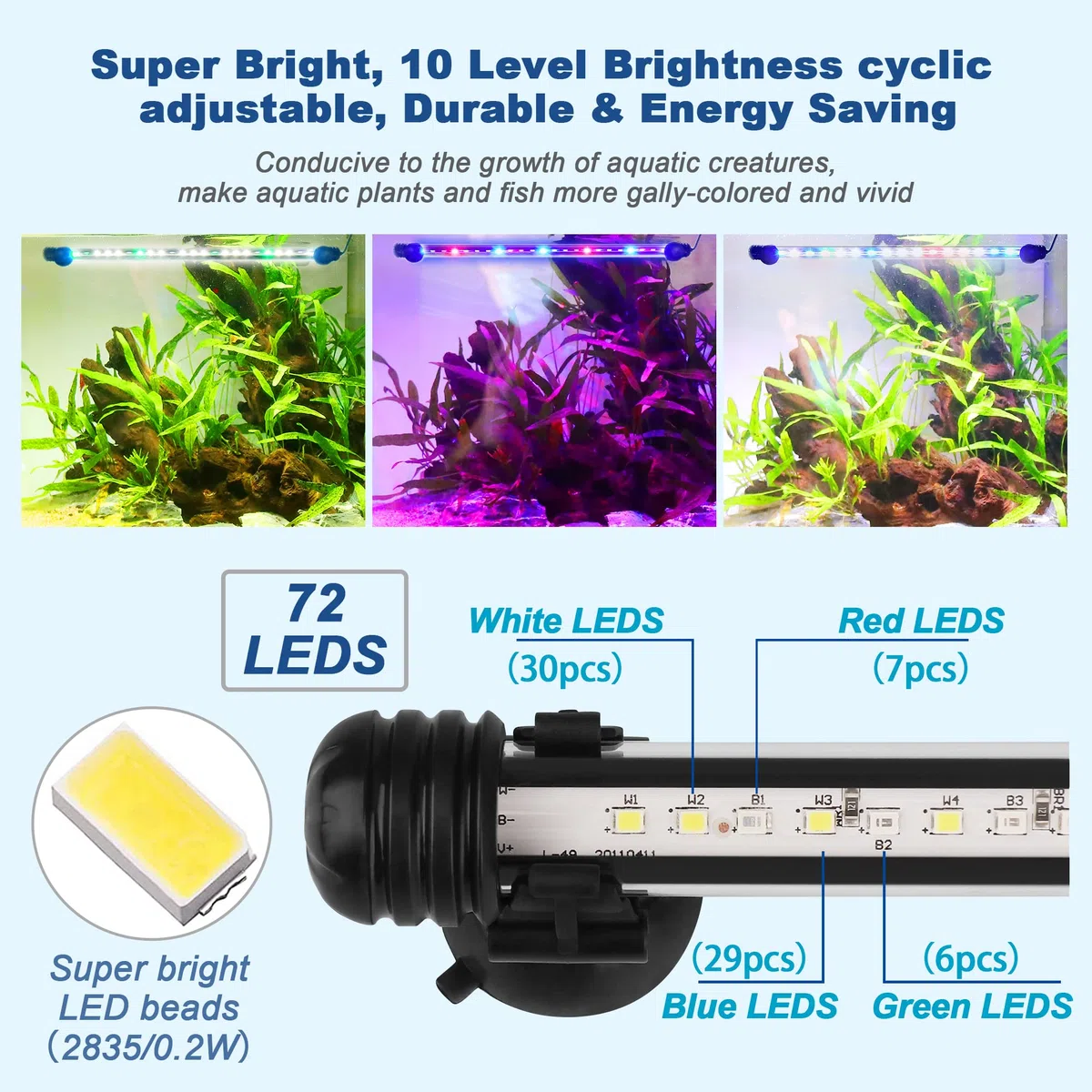LED Aquarium Beleuchtung - Aquarien Lampe [RGB-Weiß Licht] mit eingebautem Timer, Dimmbar 10 Helligkeitsstufen IP67 Wasserdicht Light für Fisch Tank Pflanze, L-63C