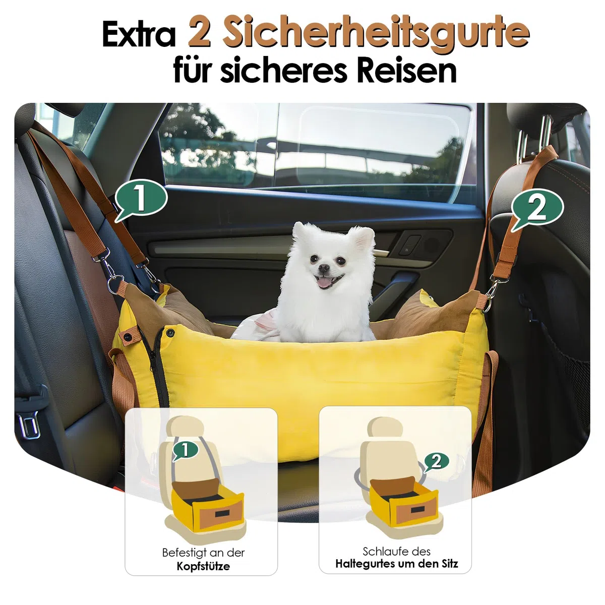 Hundesitz Auto für Kleine Hunde Unter 15KG, Tragbares Hundekorb mit Ausziehbarer Ruhebereich, Abnehmbarer und Waschbarer Auto Reise Hundebett mit Staufächern und Sicherheitsgurt